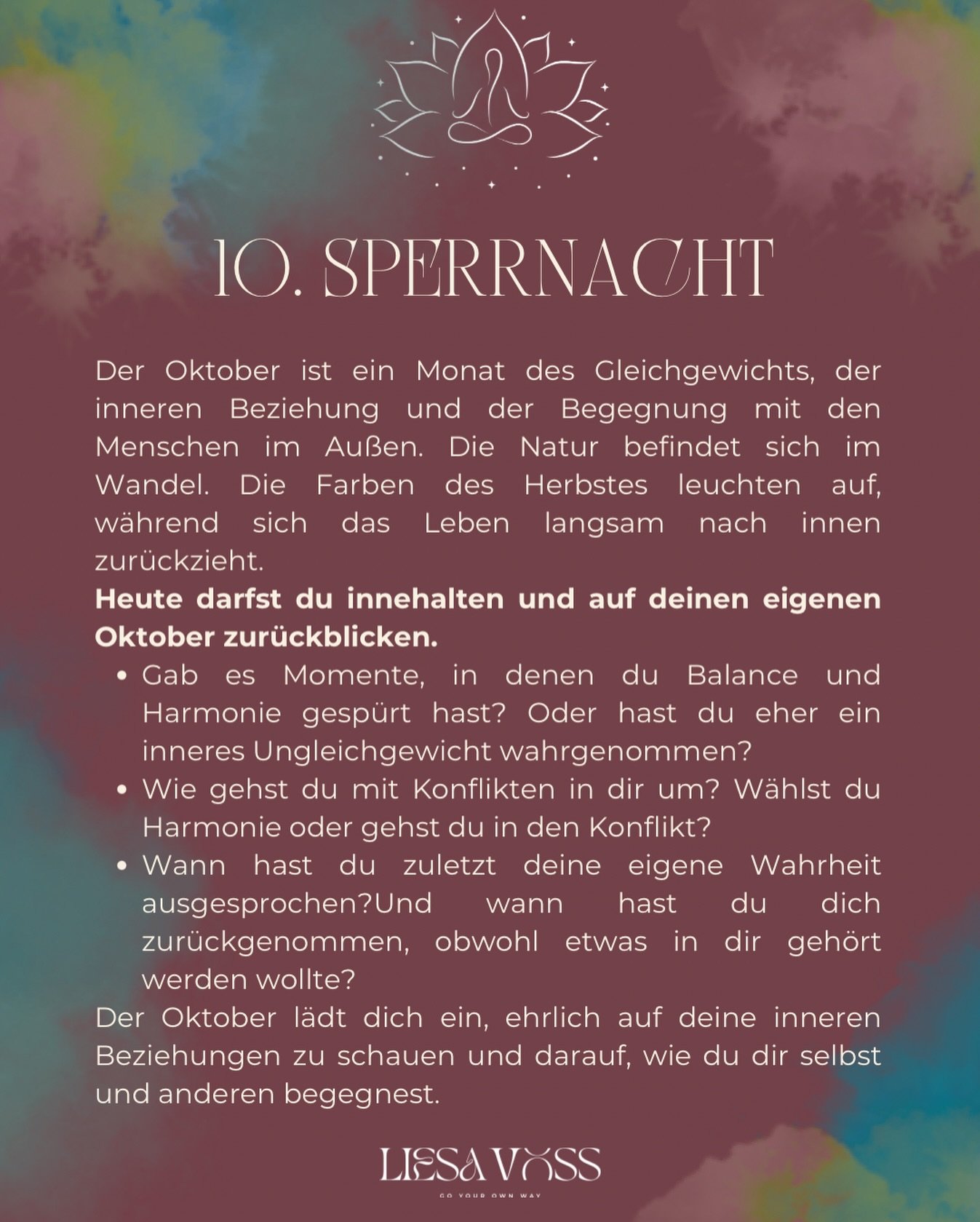 Der Oktober ist ein &Uuml;bergangsmonat.
Er steht zwischen Au&szlig;en und Innen.
Zwischen Ausdruck und R&uuml;ckzug.
Zwischen Begegnung und Abgrenzung.

Die Natur zeigt uns diesen Wandel ganz deutlich.
Die Farben werden intensiver, gleichzeitig zieh