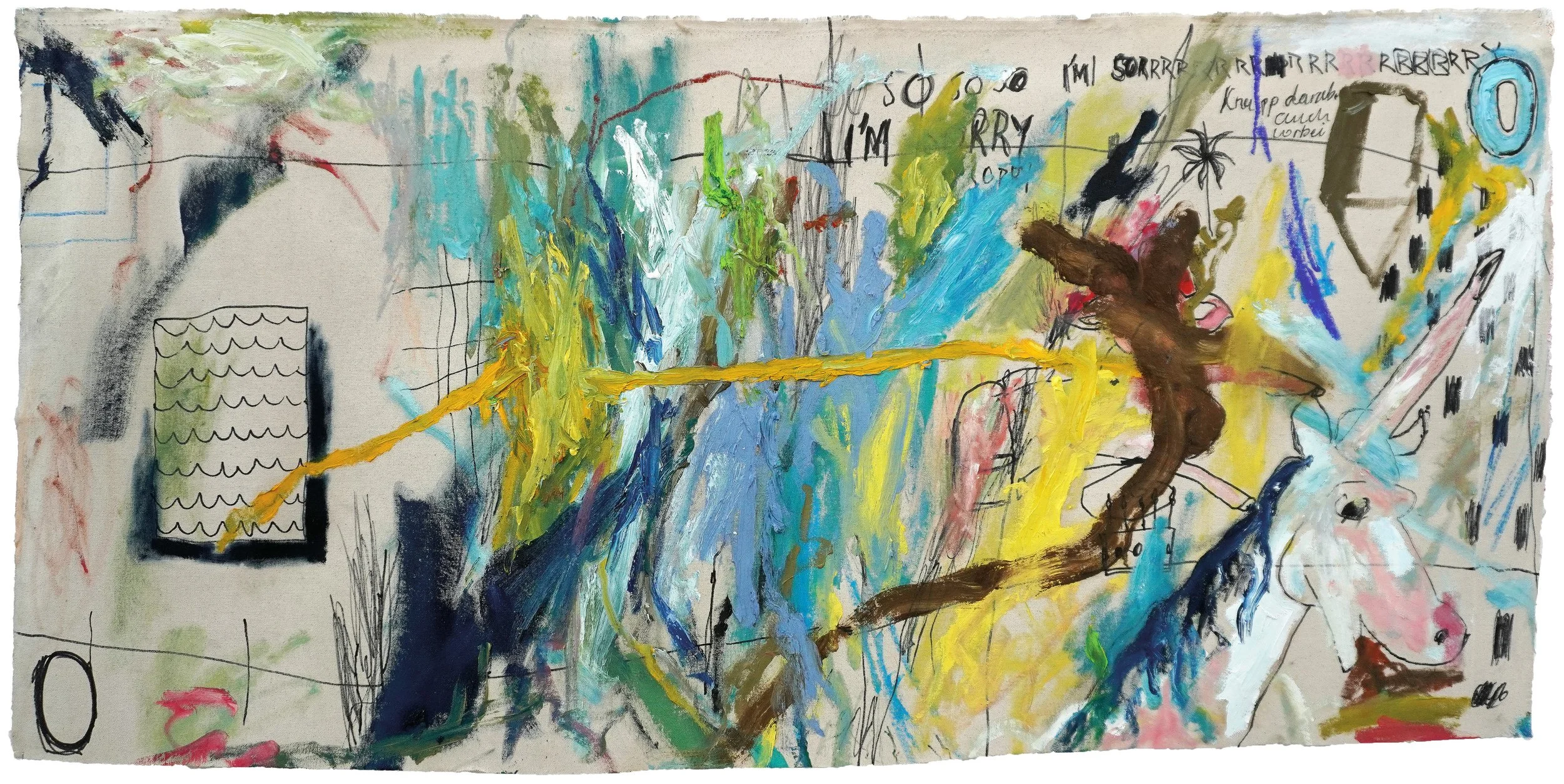 "Knapp daneben, auch vorbei", 2025, Mischtechnik auf Leinstoff, 61 x 125 cm