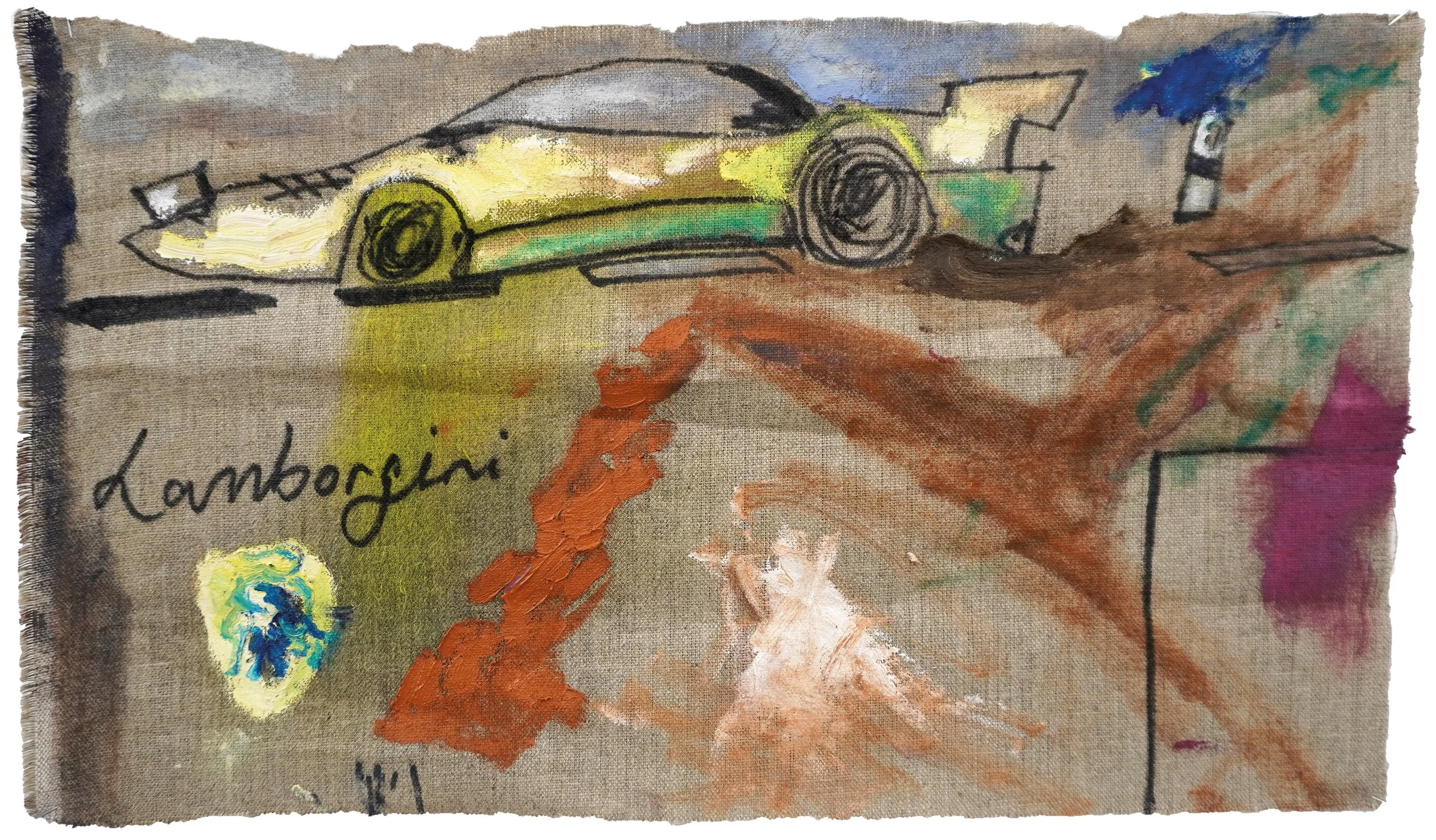 "Lambo", 2025, Mischtechnik auf Leinstoff, 31 x 54 cm