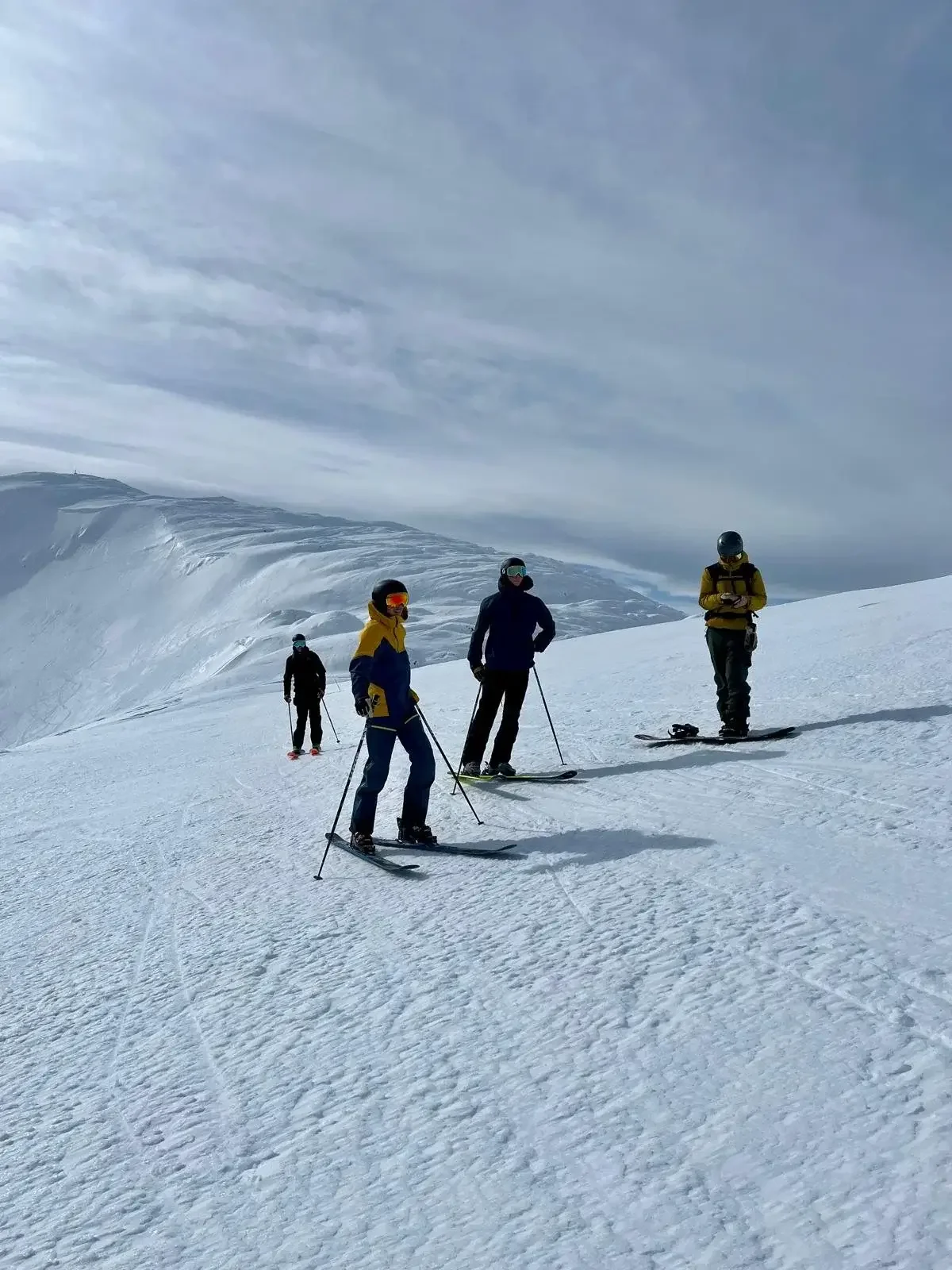 Fyra åkare som stannat till i en vidsträckt, snötäckt fjällsluttning.