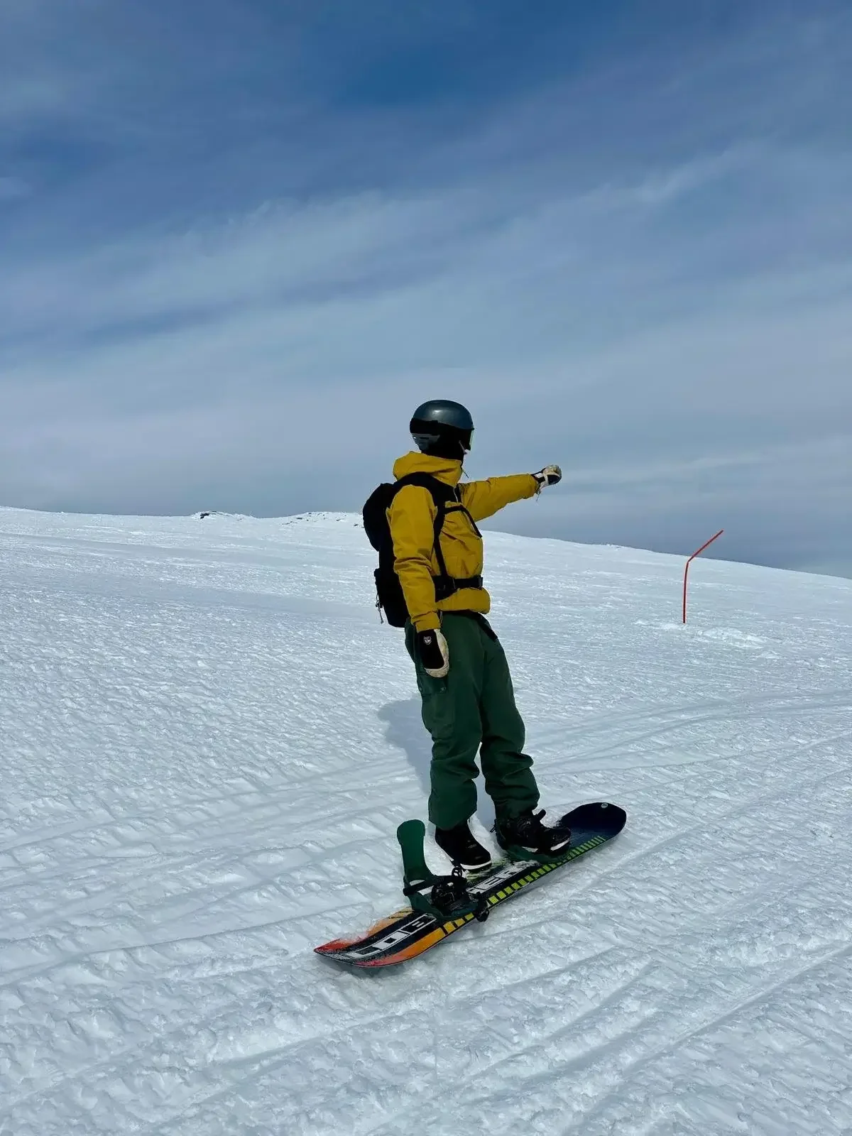 Snowboardåkare i gul jacka som pekar ut över fjällvidderna.