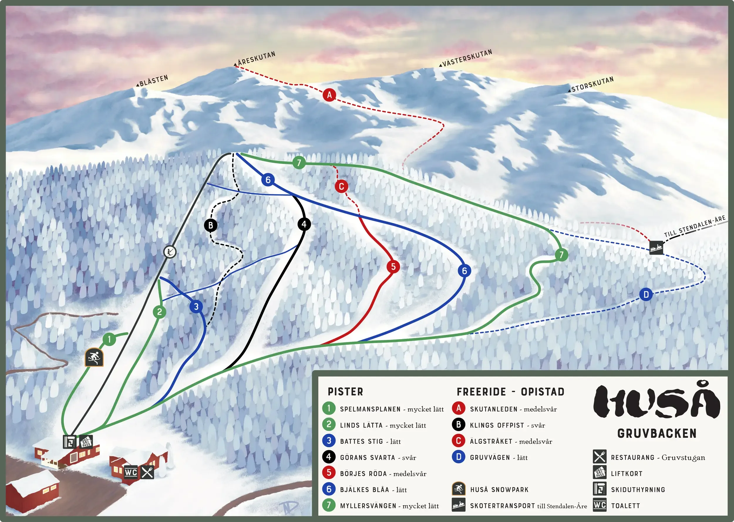 En pistkarta över Gruvbacken i Huså, Åreskutan, som visar pister och svårighetsgrader med tillhörande teckenförklaring och rubriken 'VÅRA PISTER'.