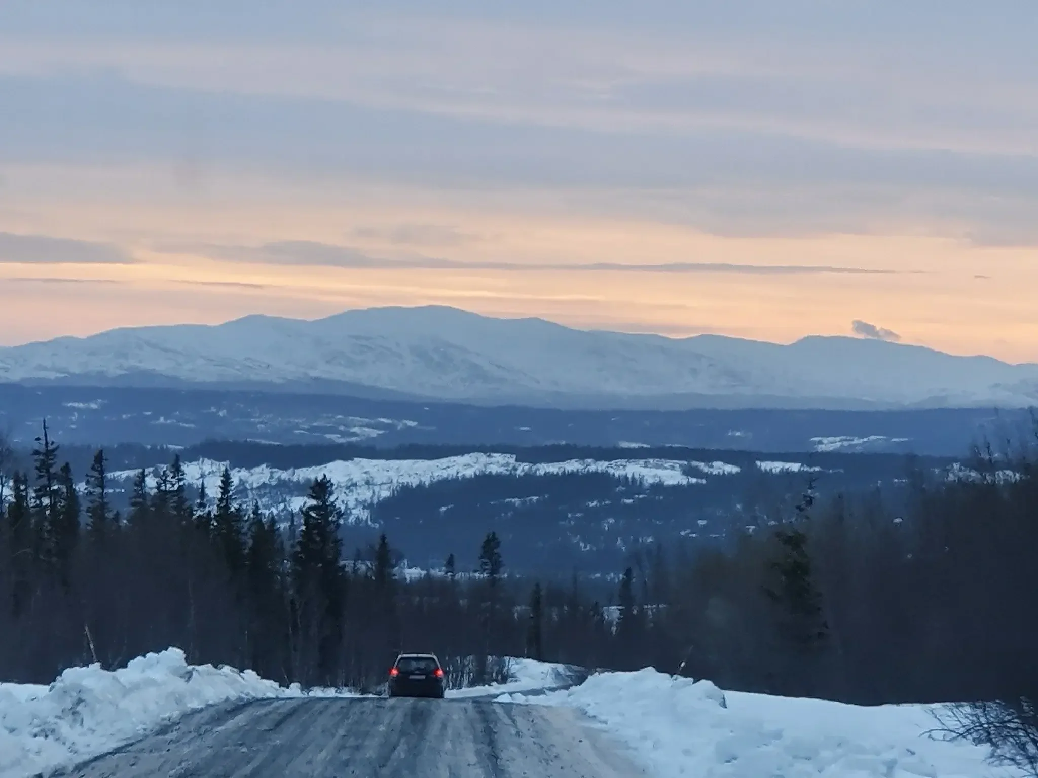 En stämningsfull panoramabild över ett vinterlandskap i Huså vid solnedgången, med snötäckta fjäll och en granskog.