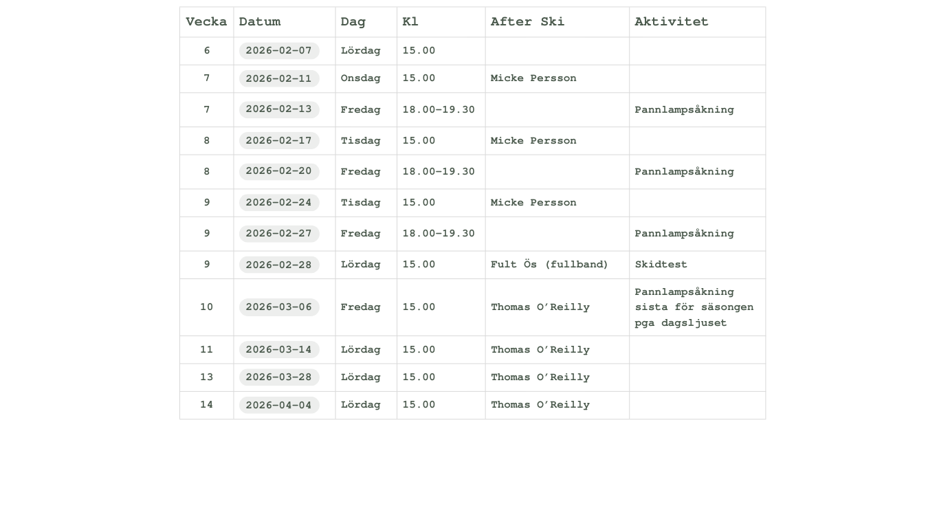 Schema över aktiviteter i Gruvbacken Huså