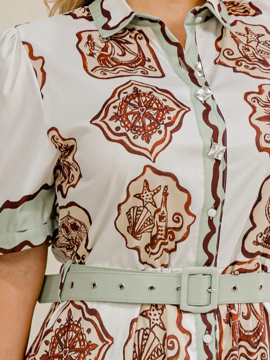 Quantity1 PLUS SIZE SHORT SLEEVE BUTTON UP BELTED MULTI PRINT MIDI DRESS. MINT
