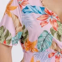 Plus size short sleeve surplice smock waist floral maxi dress. Pink