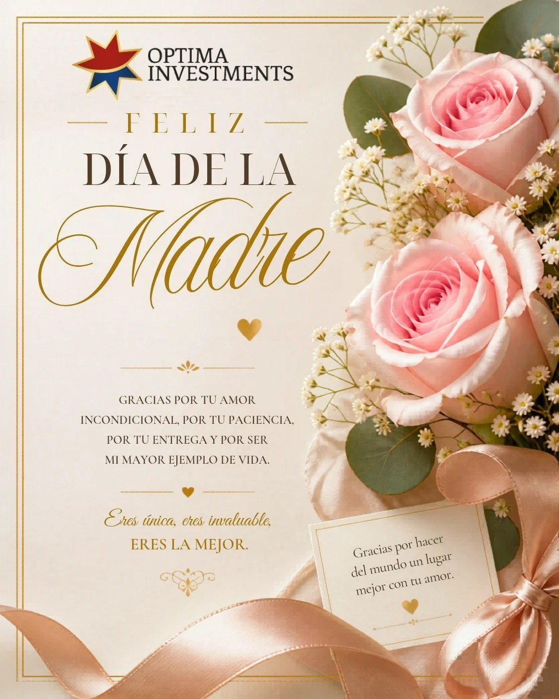 A todas las madres:

Ser madre es mucho m&aacute;s que un rol, es una forma extraordinaria de amar sin medida, de dar sin esperar y de sostener incluso cuando todo parece tambalearse.
Sois refugio, impulso y ejemplo. 

Vuestra fortaleza silenciosa co