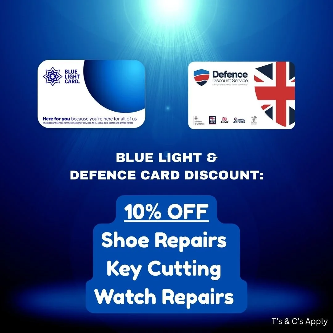 Got a Blue Light or Defence Card? Get 10% off shoe repairs, key cutting &amp; watch repairs! Just our way of saying thanks 🙌💙 #BlueLightCard #DefenceDiscount