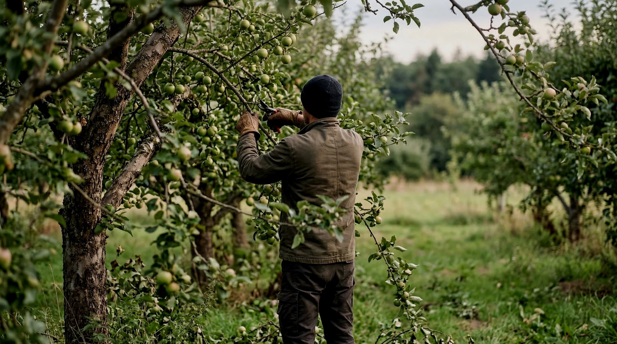 Person wearing a black beanie and brown gloves harvesting apples in an orchard.