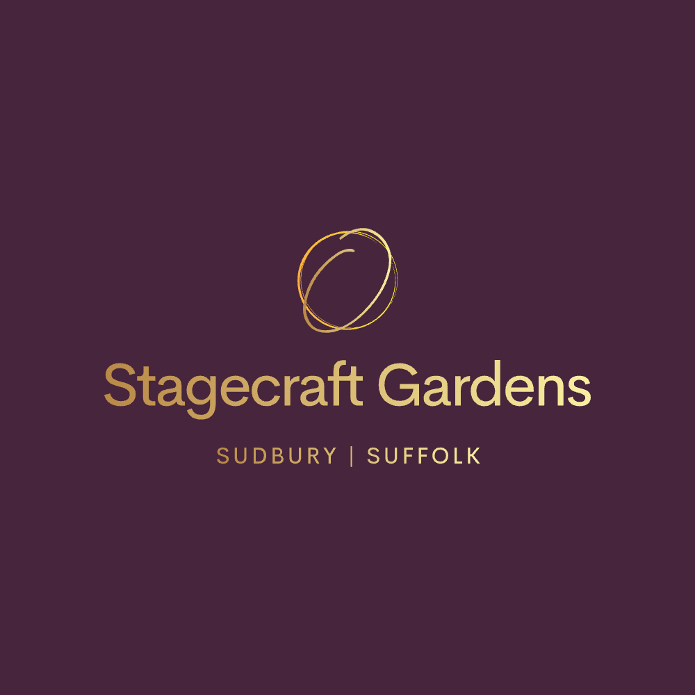 Logo for Stagecraft Gardens in Sudbury, Suffolk with a circular sketch above the text.