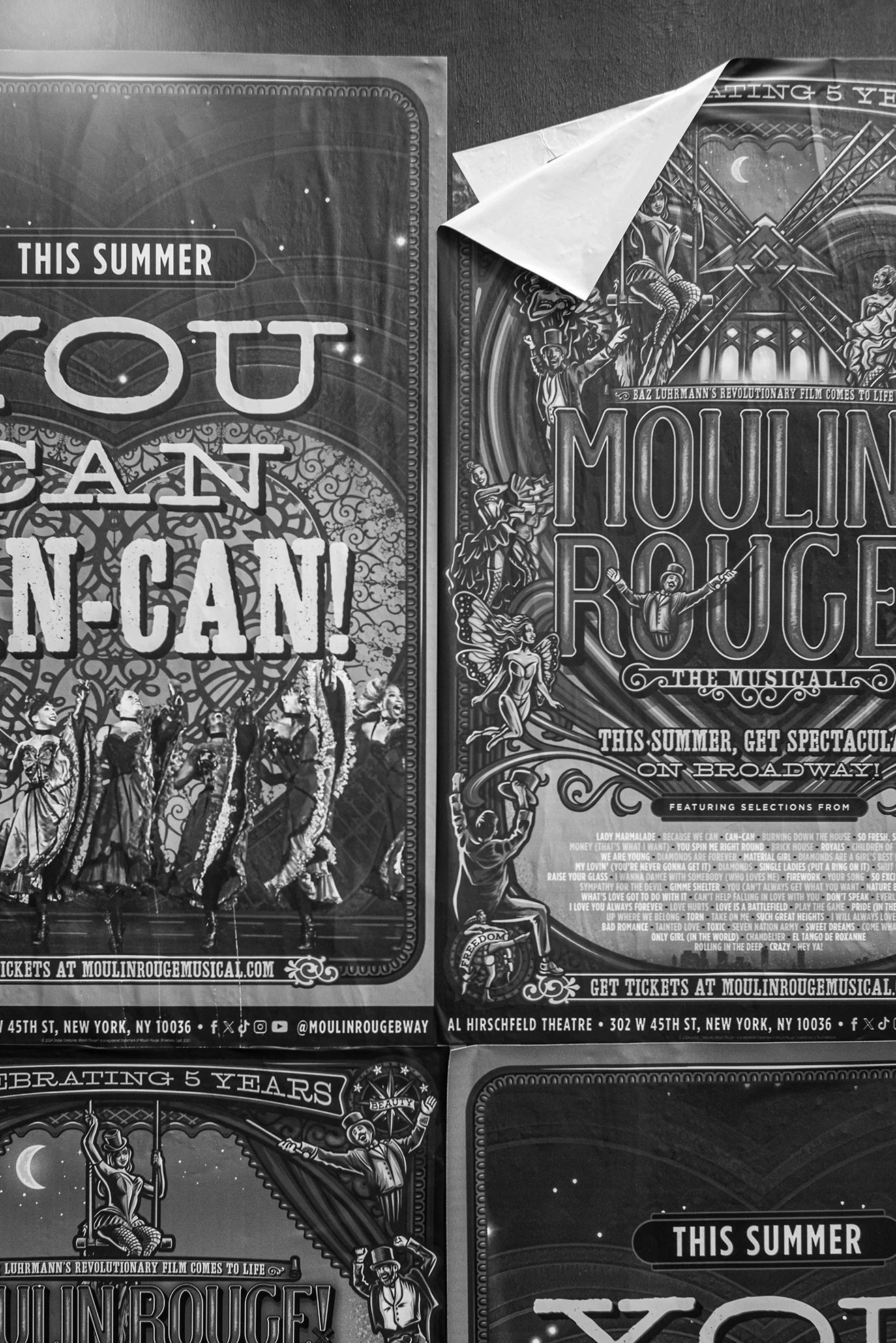 Black and white posters for a musical titled "Moulin Rouge" and another event or performance related to it, featuring vintage circus and cabaret imagery with performers in costumes, a swing, and decorative text.