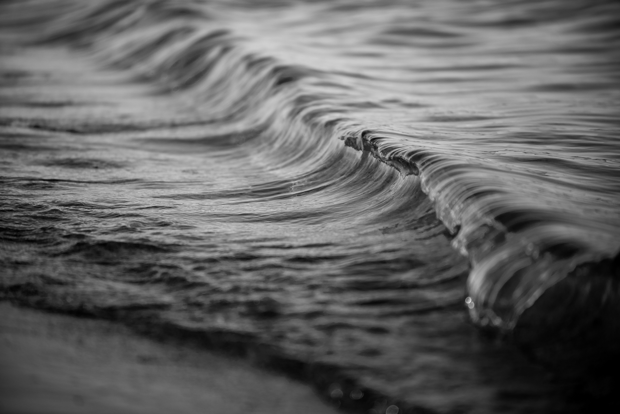 Black and white photo of gentle ocean waves approaching the shore, with ripples and smooth surfaces.