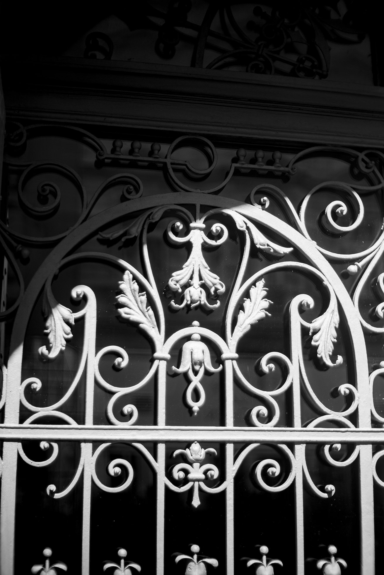 Black and white photo of ornate decorative iron gate with floral and scroll patterns.