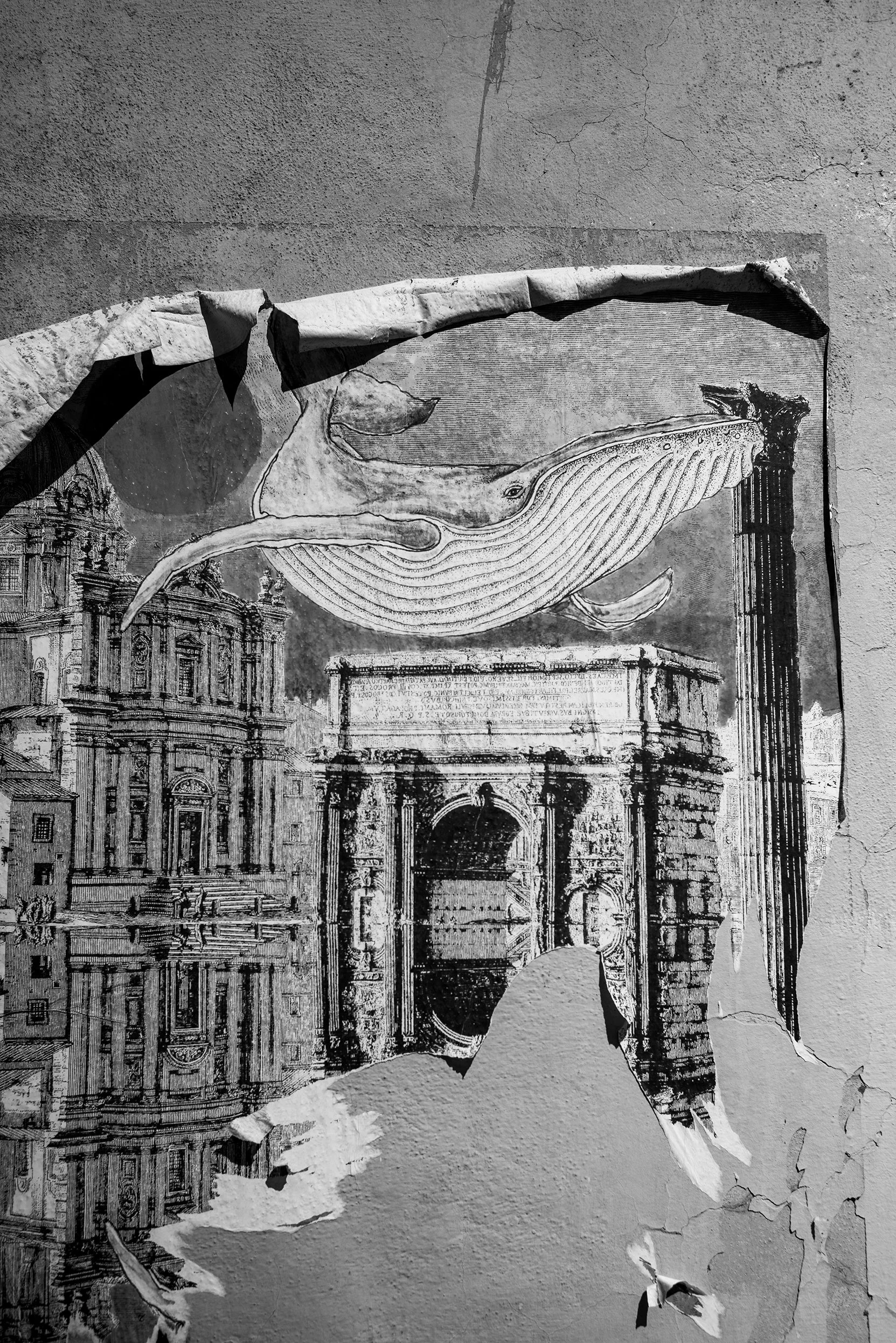 Peeling black-and-white poster of a whale swimming above an ornate building and archway on a cracked wall.