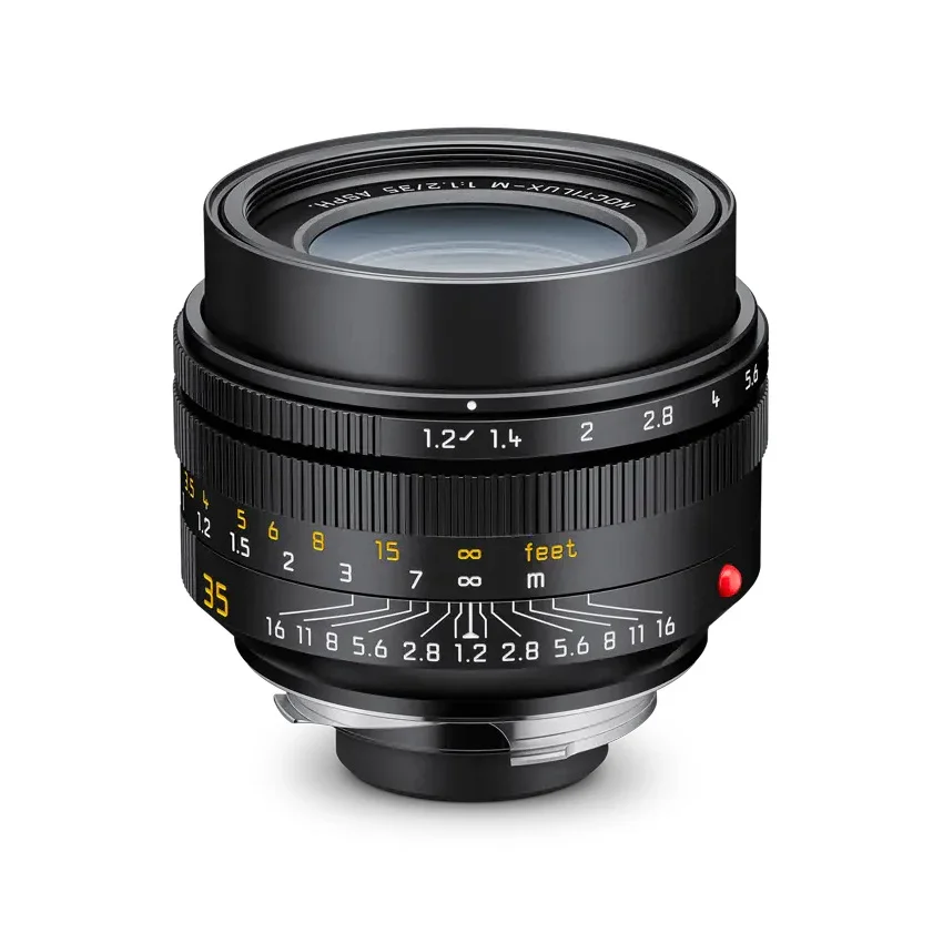 A camera lens with a black exterior, focus and aperture rings, and measurements in feet and meters, with a red dot indicator.