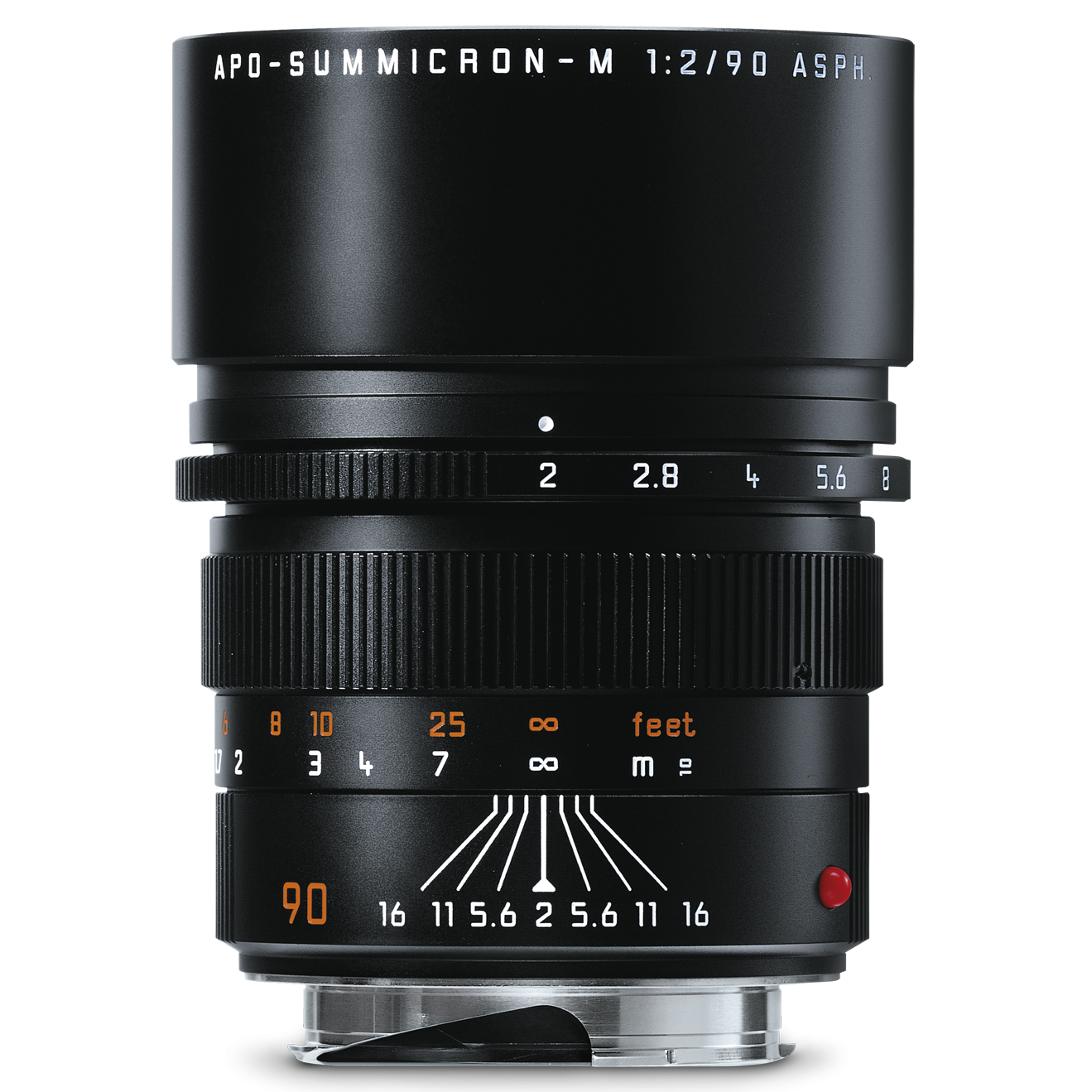 Close-up of a black camera lens with focusing and aperture markings, including a red dot alignment indicator.