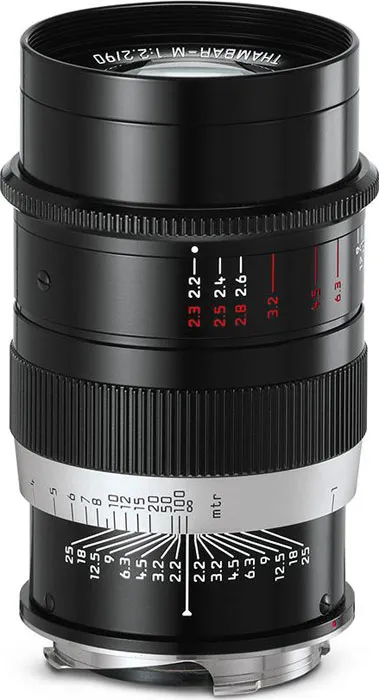 A black camera lens with focus and aperture markings, including distances and aperture sizes, mounted on a camera
