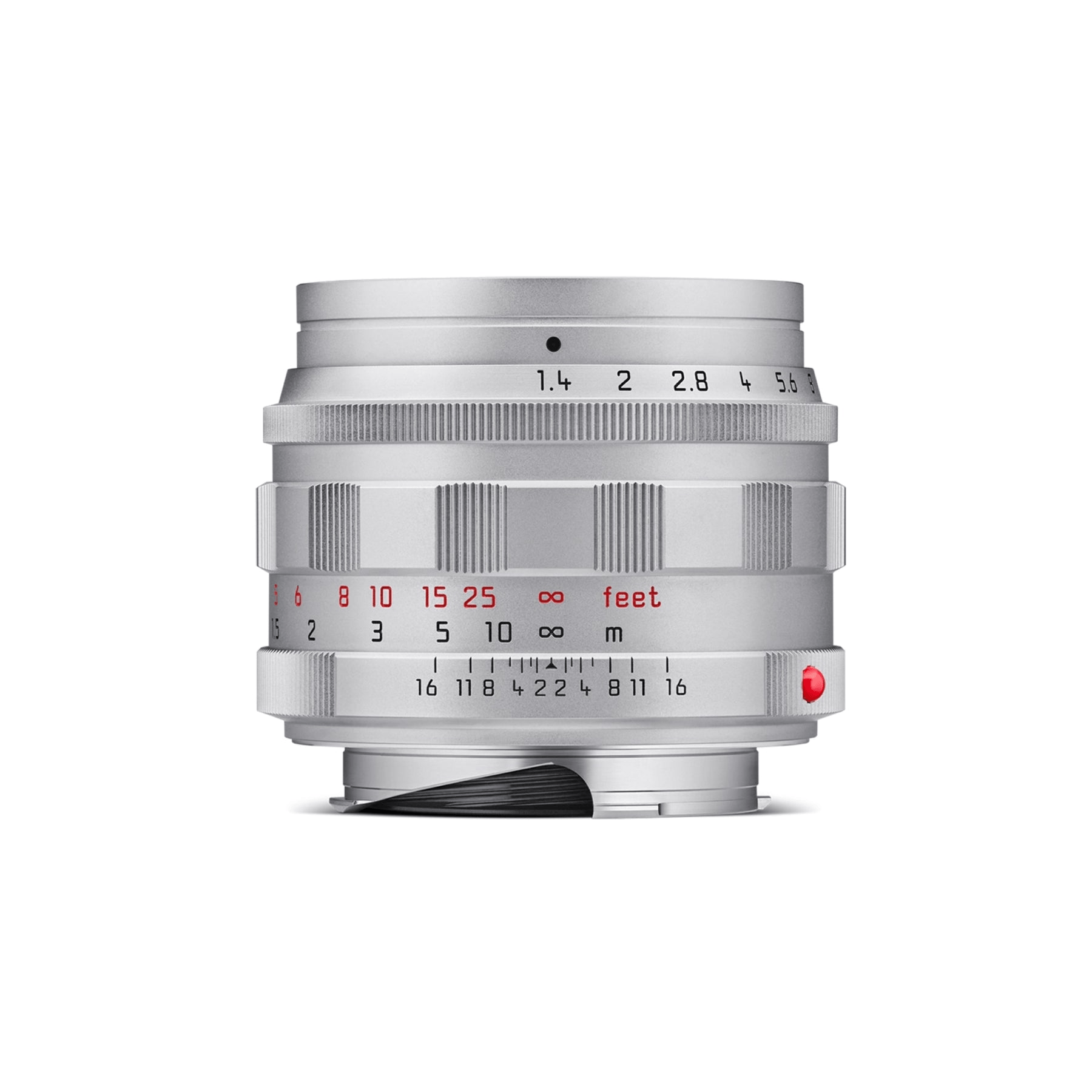 Close-up of a silver camera lens with focus and aperture markings.