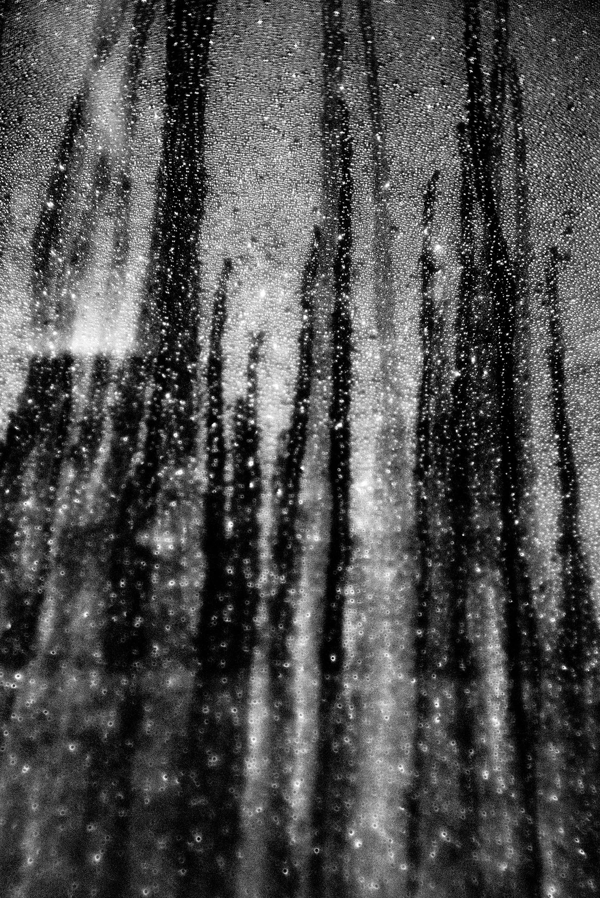 Close-up of a wet surface with water droplets and dark streaks.
