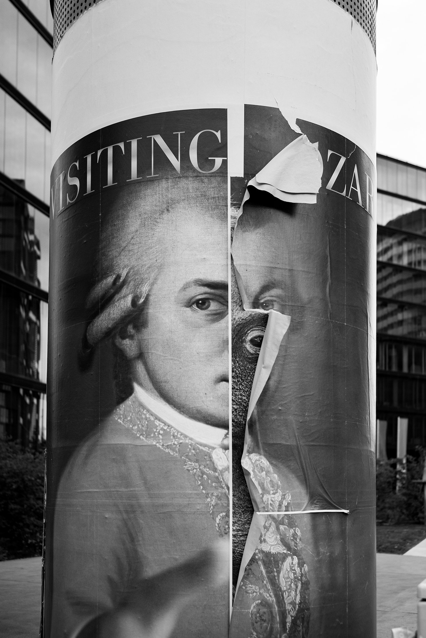 A damaged black and white poster on a light pole showing part of a woman's face, with the word 'MISSING' and part of the word 'ZAR' visible.