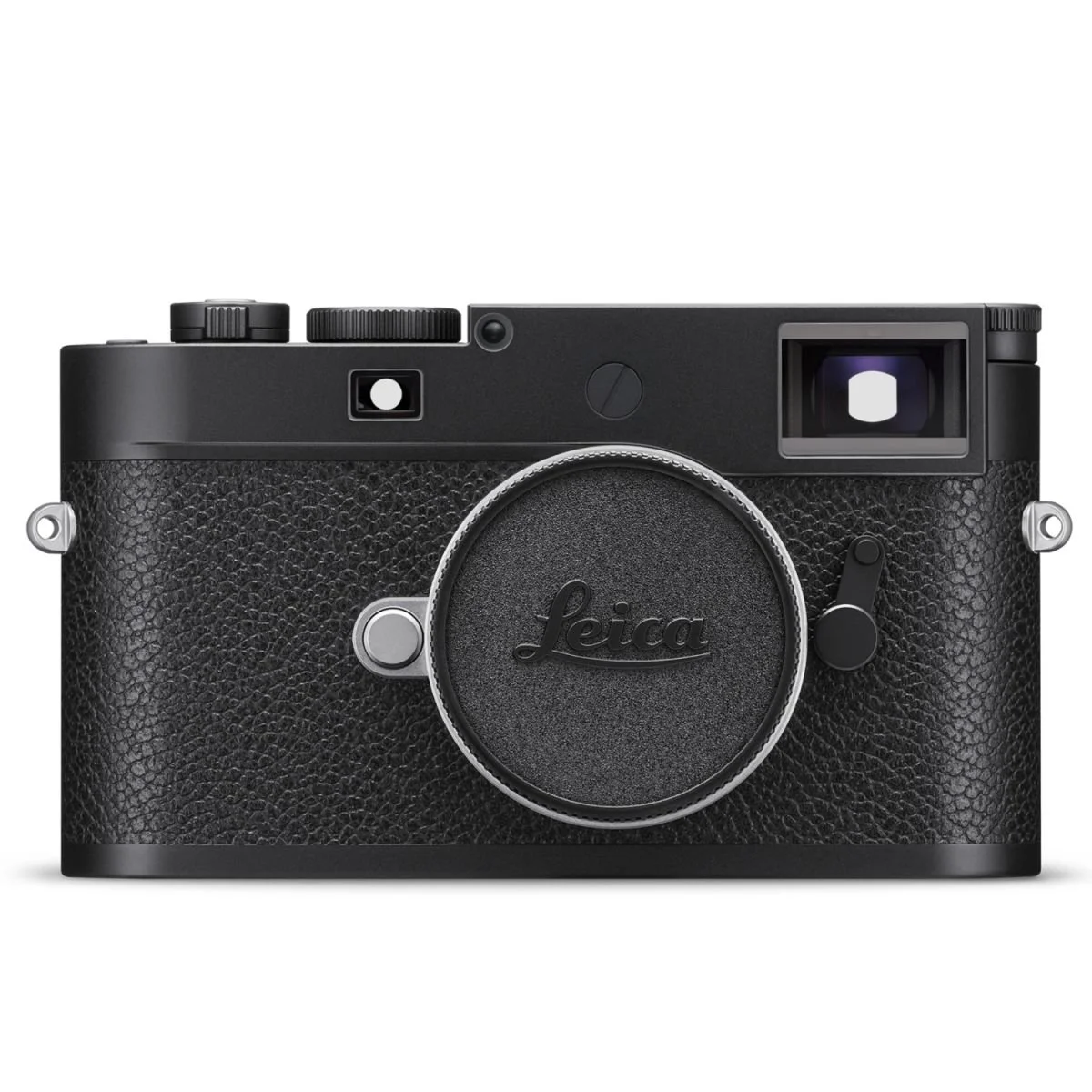 Black camera with textured grip, branded Leica, with lens cap on, viewfinder on the right, and various adjustment dials on top.