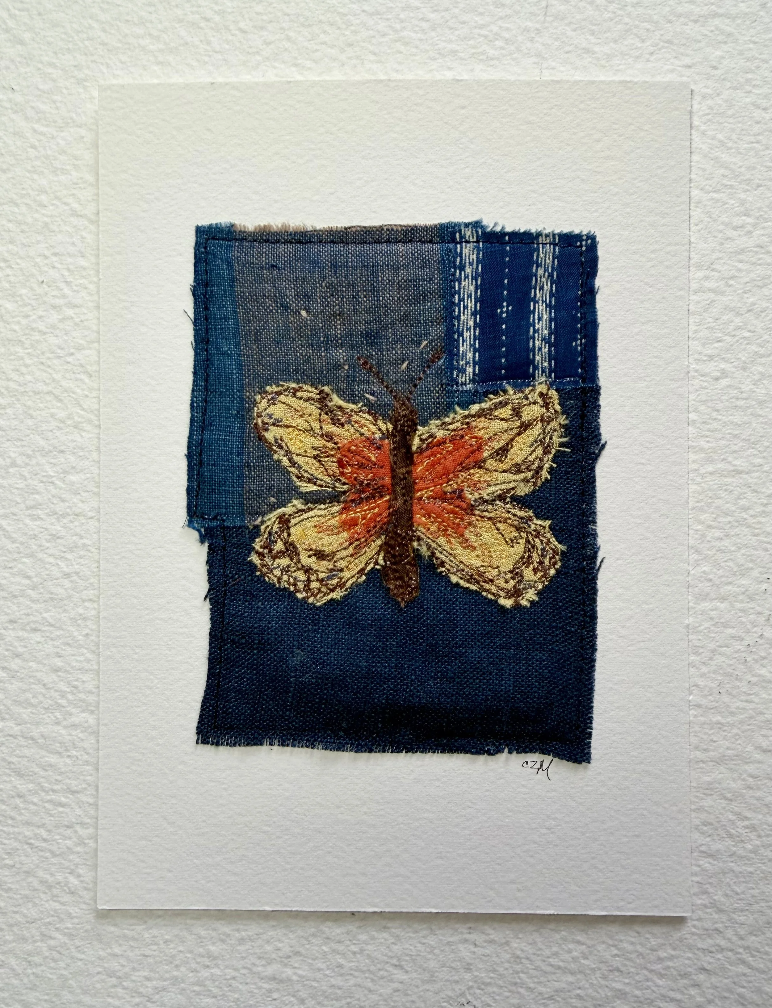Buttefly on Blue - unframed textile art