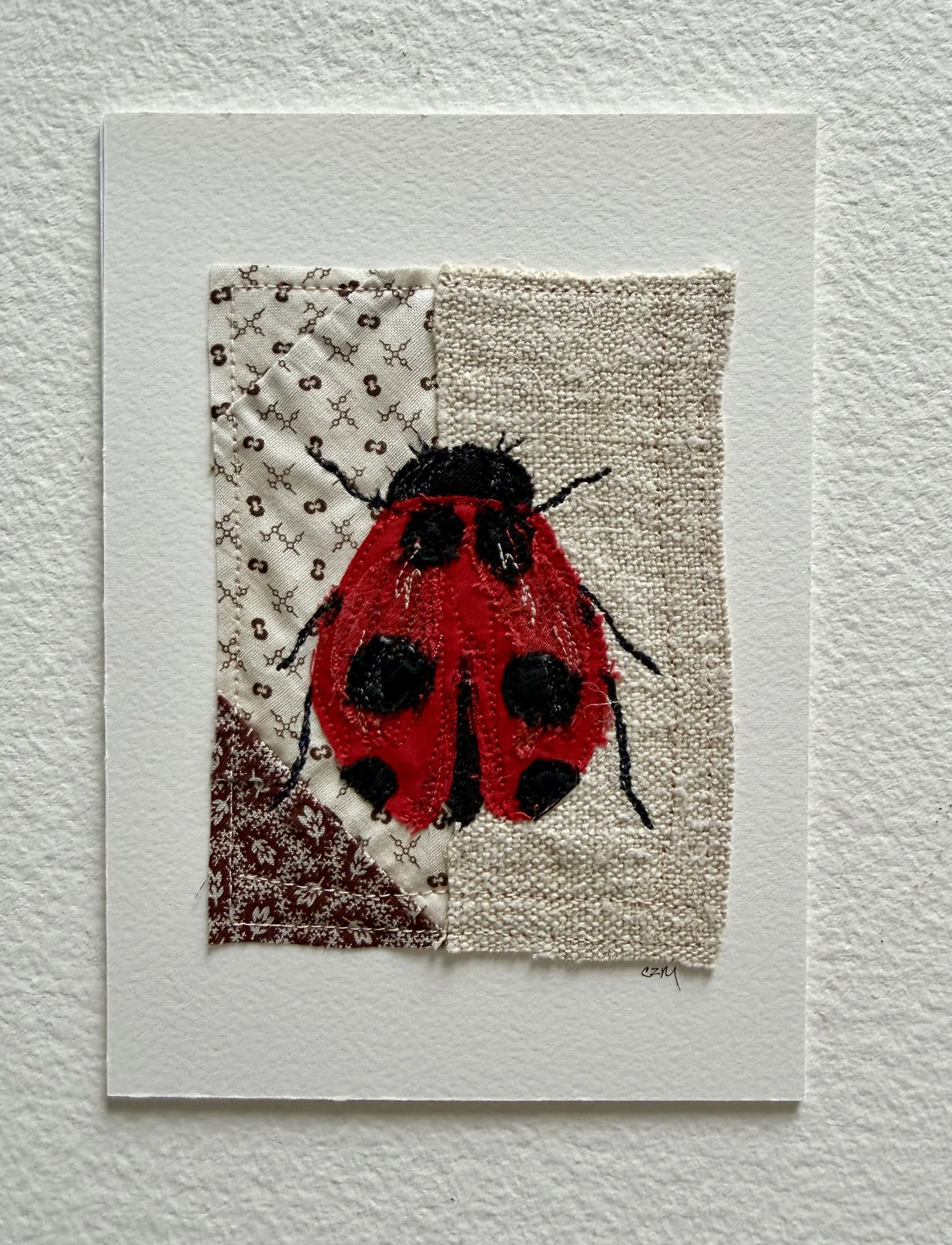 Lady Bug with Vintage Fabric - unframed textile collage