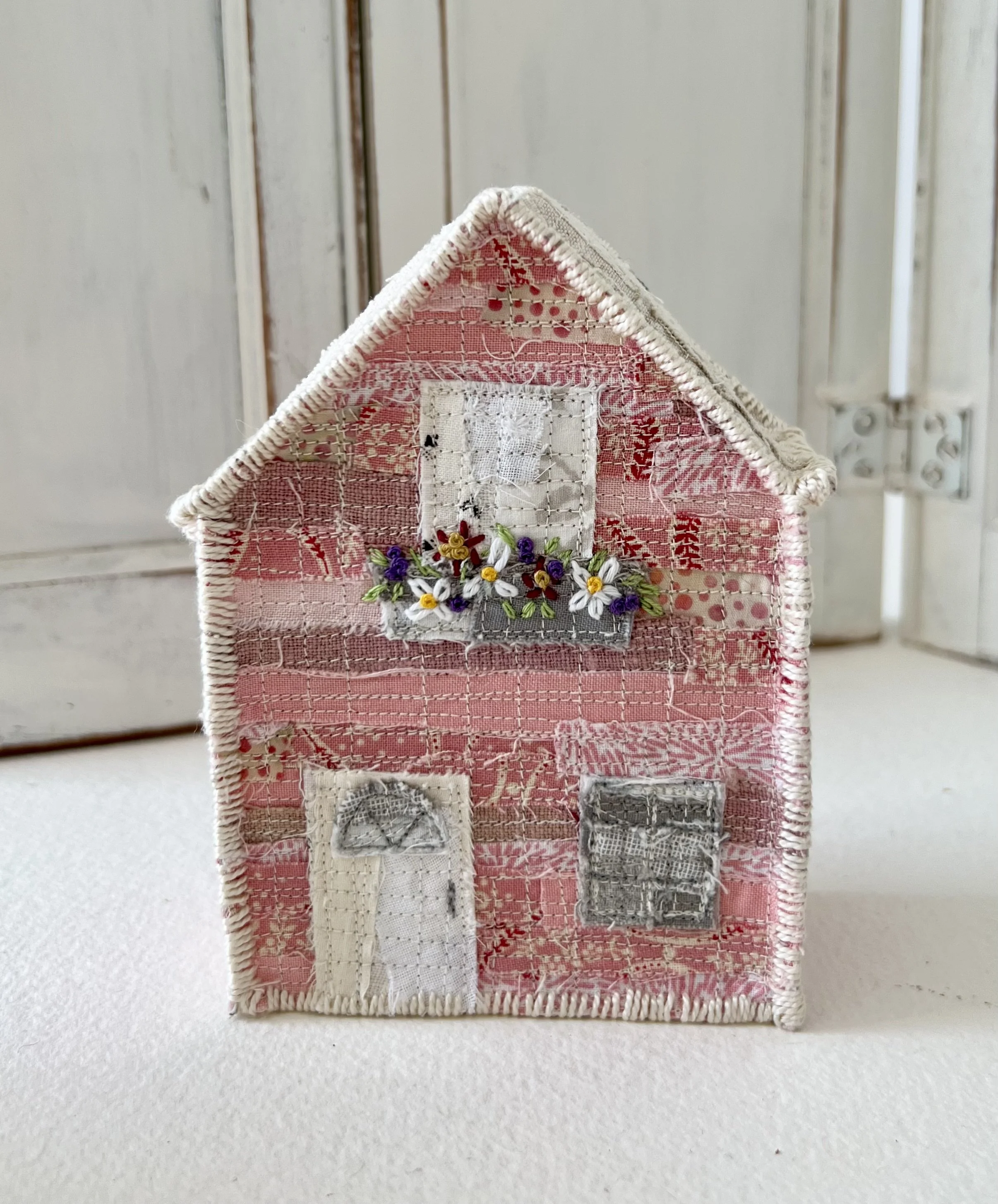 Little Pink Cottage - textile folk art sculpture