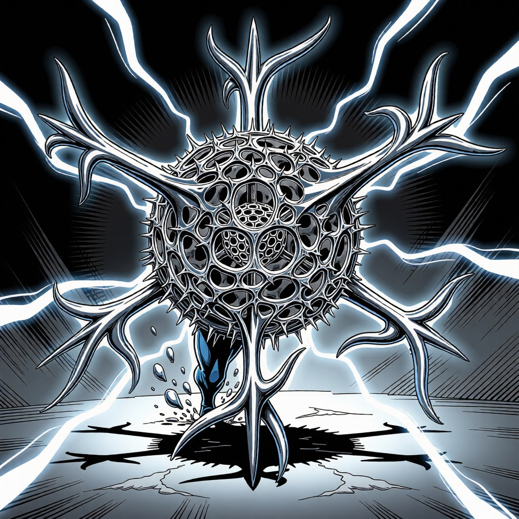 A stylized, menacing spiky sphere with intricate holes, surrounded by jagged lightning bolts, creating an intense, electric atmosphere.