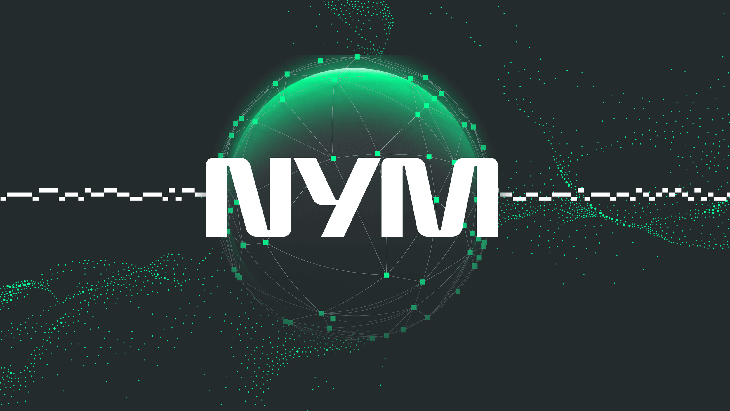 Digital graphic featuring the letters 'NYM' over a futuristic, glowing green globe with a network of interconnected points, set against a dark background with dotted patterns.