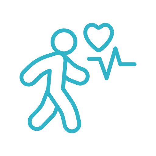 Outline drawing of a person walking with a heart and a heartbeat line near their head.