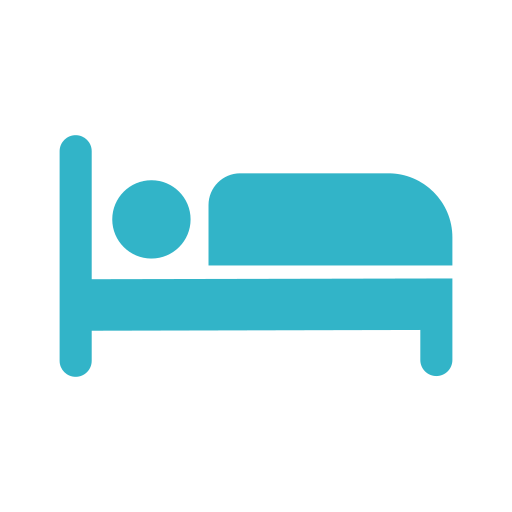 A blue icon of a person sleeping in a bed against a black background.