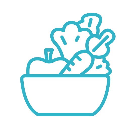 Blue line drawing of a healthy vegetable salad in a bowl, including broccoli, carrots, and lettuce.