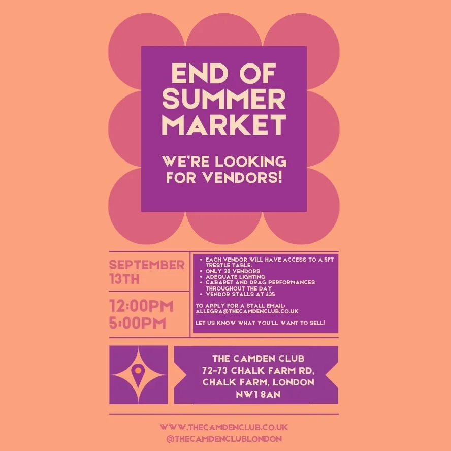 We&rsquo;re looking for stall vendors! 

☀️The Camden Club is having an end of Summer market ☀️ 

Expect performances, amazing &amp; unique vendors, and as always good food 💕

To apply for a stall (only 20 stalls) email Allegra@thecamdenclub.co.uk