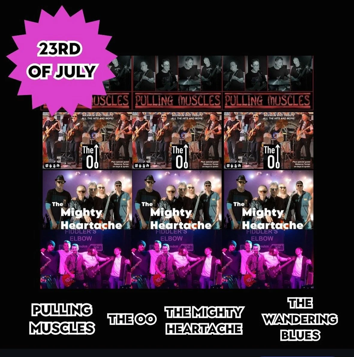 23rd July Live music, great food, and drinks that hit just right. 

Join us at The Camden Club for a wild night with The Mighty Heartache, The OO , Pulling Muscles, and The Wandering Blues.

Four killer bands. One stage. No holding back.
Expect class