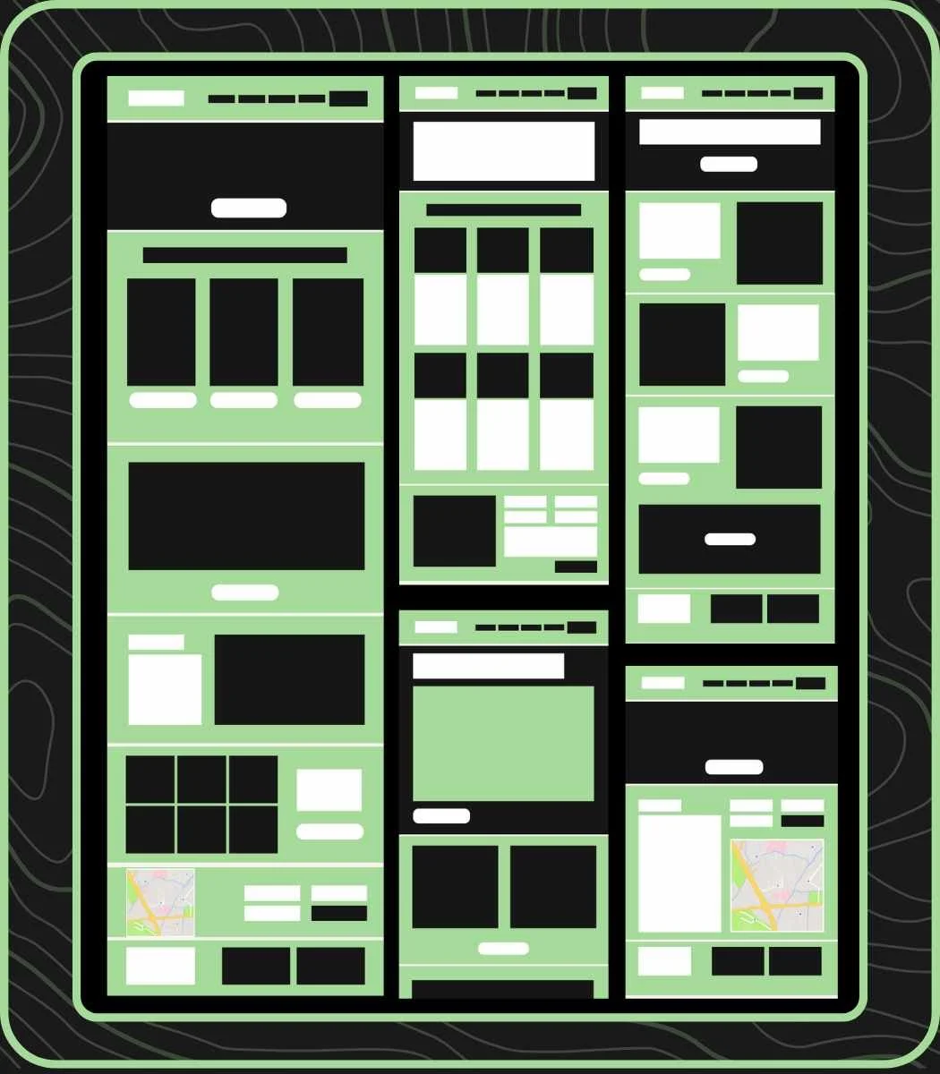 A digital interface with multiple columns of app icons and widgets, featuring black, white, and green colors on a dark background with contour lines.