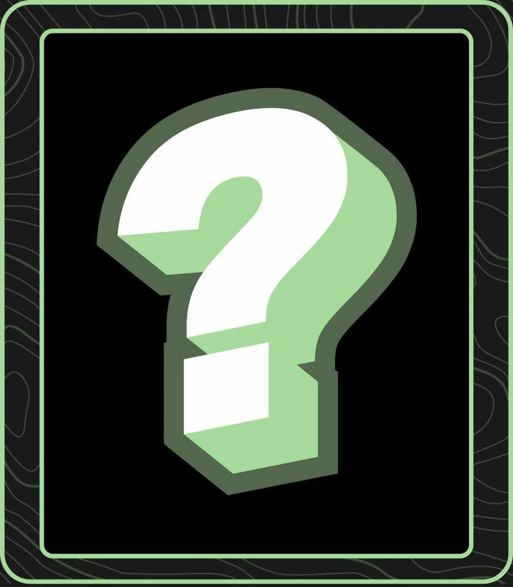 A 3D white and light green question mark on a black background, with a green border and wavy lines on the outer edges.