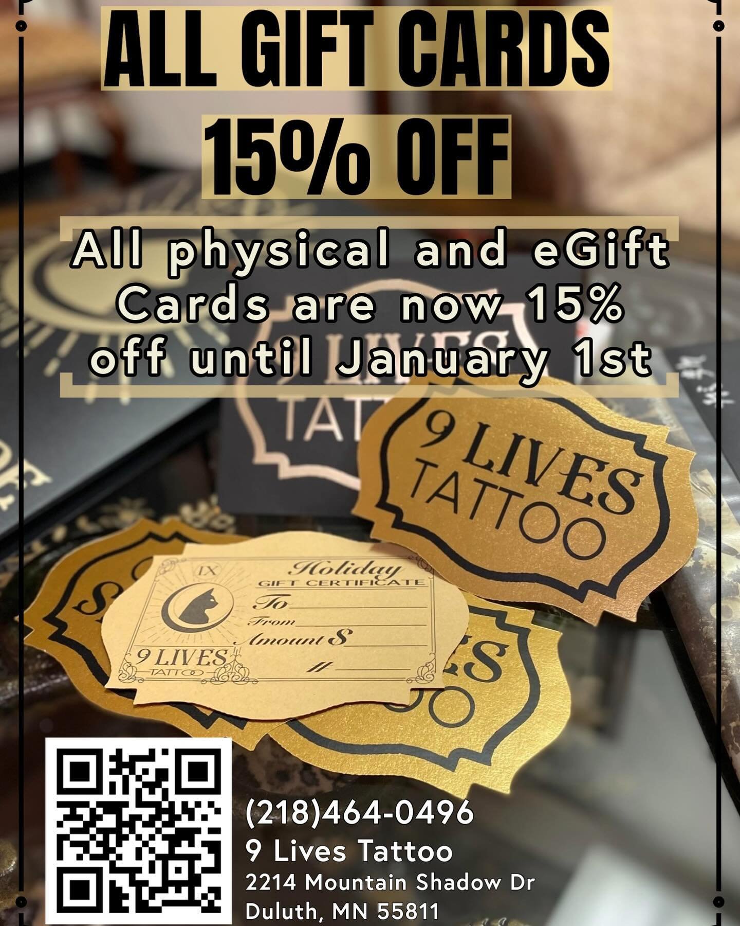 15% off all gift cards until Jan 1st! 🎉Get a head start on the holidays with a one size fits all for the tattoo lover in your life or maybe treat yourself to a bit of a discount! 🍾🎁