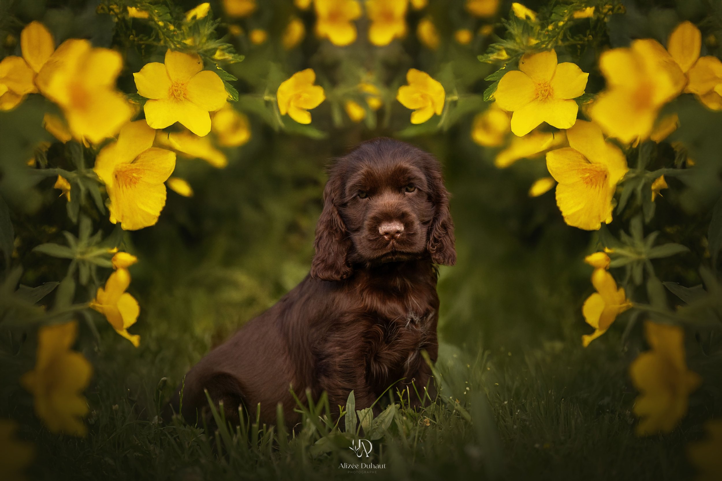 Portrait chiot cocker fleurs, Lens