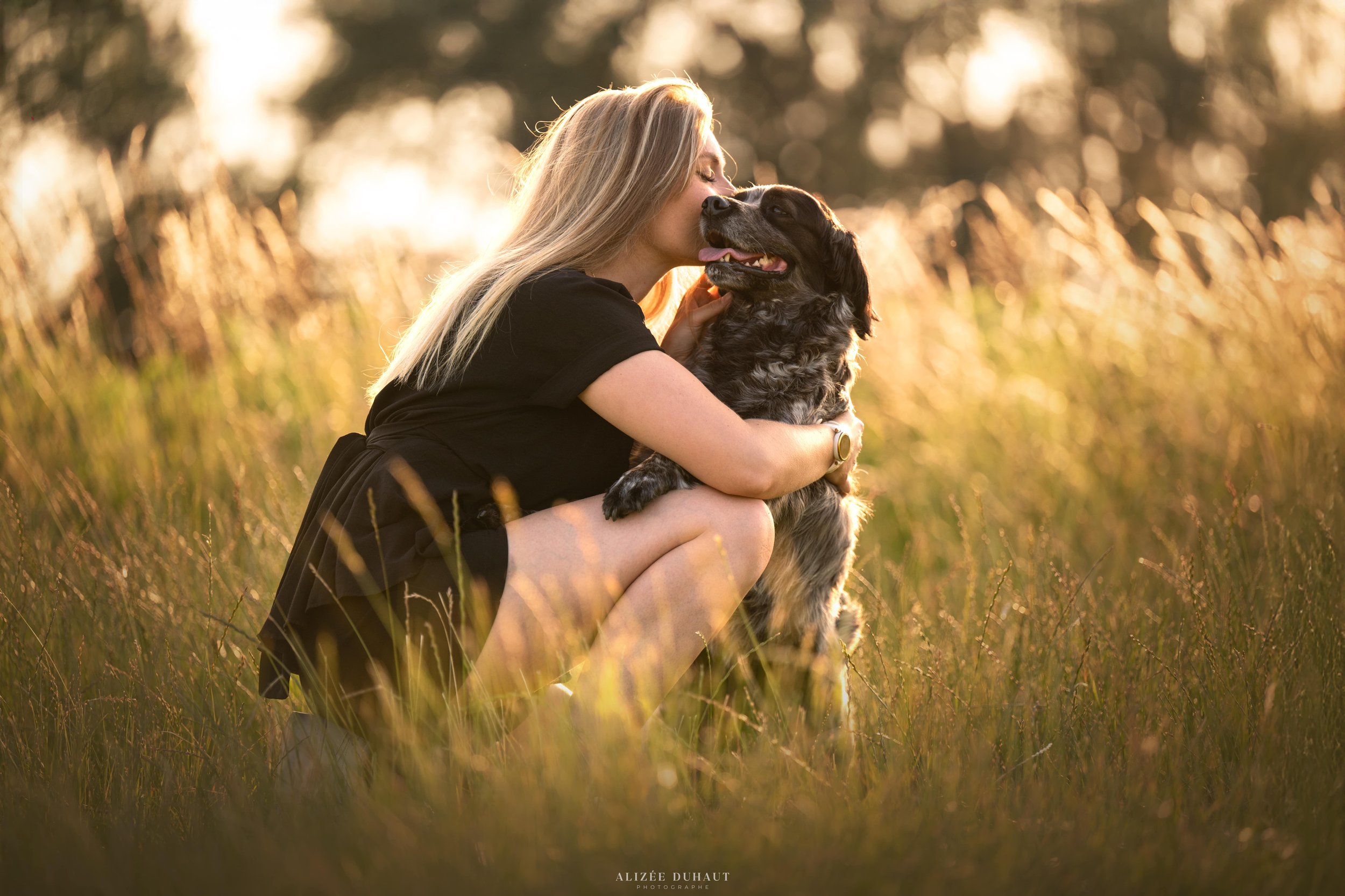 Séance photo professionnelle chien et sa gardienne au coucher du soleil