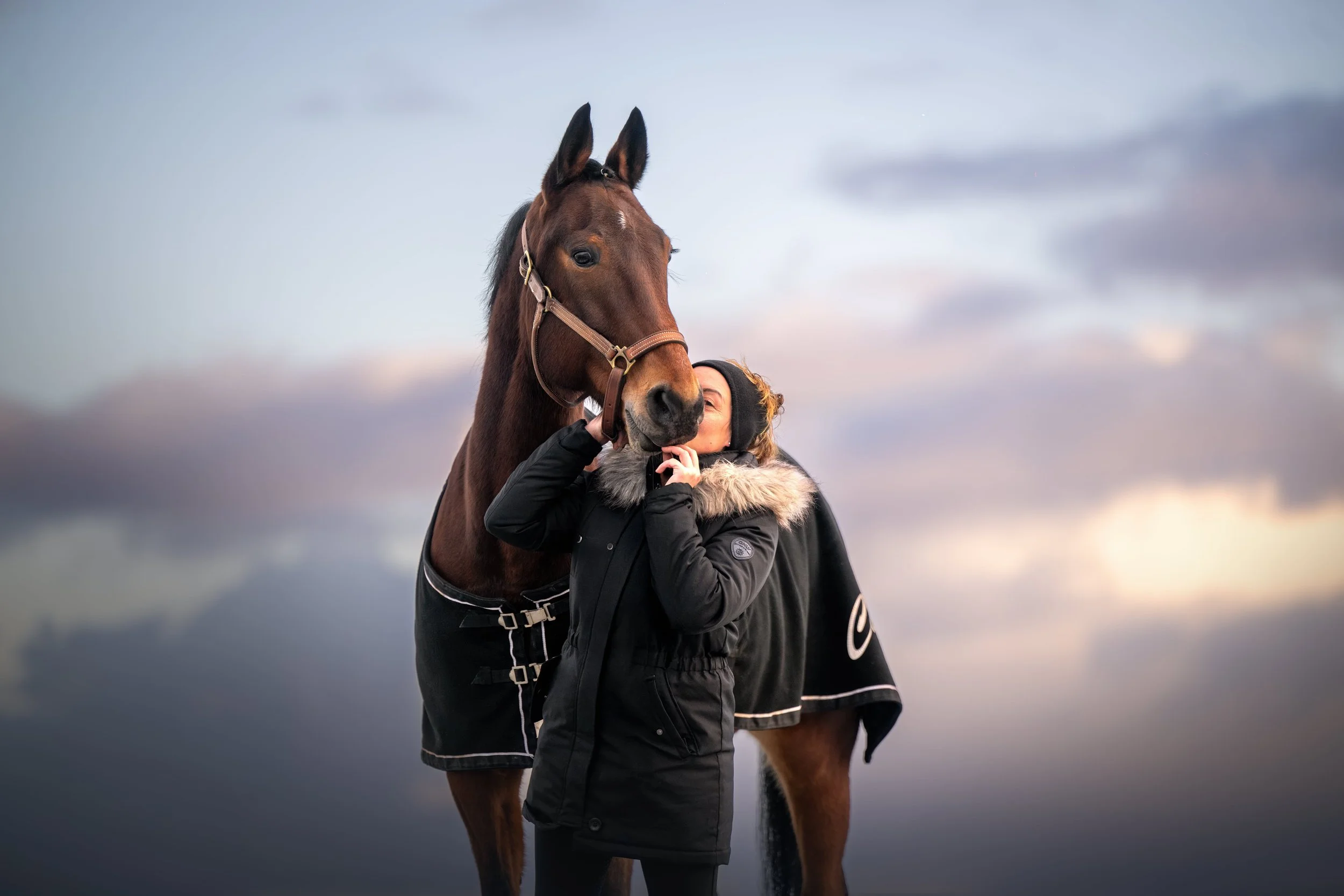 bisous entre un cheval et humain devant un ciel couleur pastel, Hauts de France