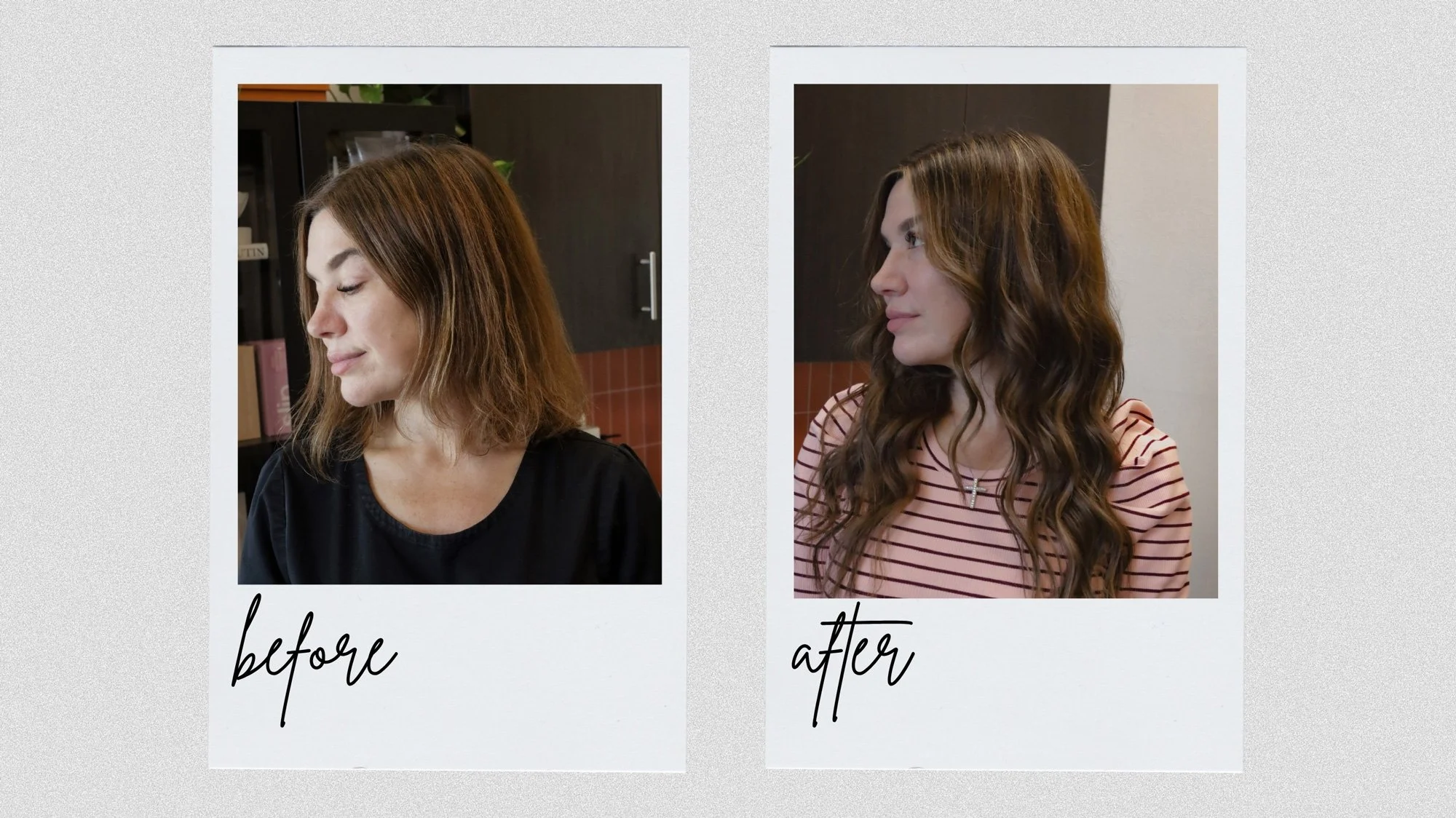 brown hair transformation on woman with short hair then long hair after