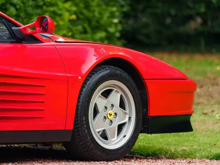 Close-up of a red Ferrari sports car with the front part visible, showing the wheel, side mirror, and part of the hood, with a blurred green foliage background.