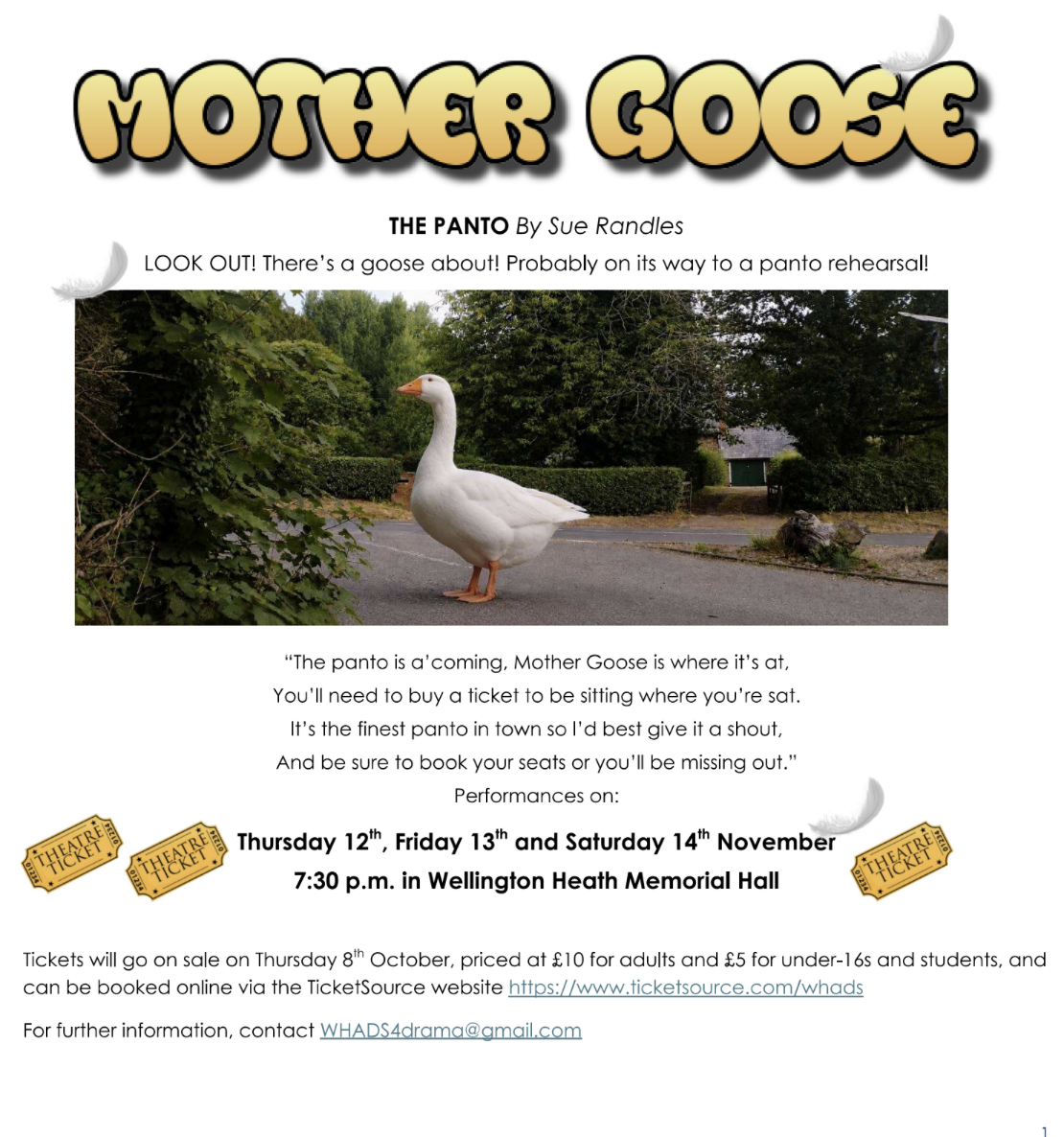 A flyer promoting a theatrical performance titled 'Mother Goose' by Sue Randles, featuring a photo of a goose on a street with trees in the background.