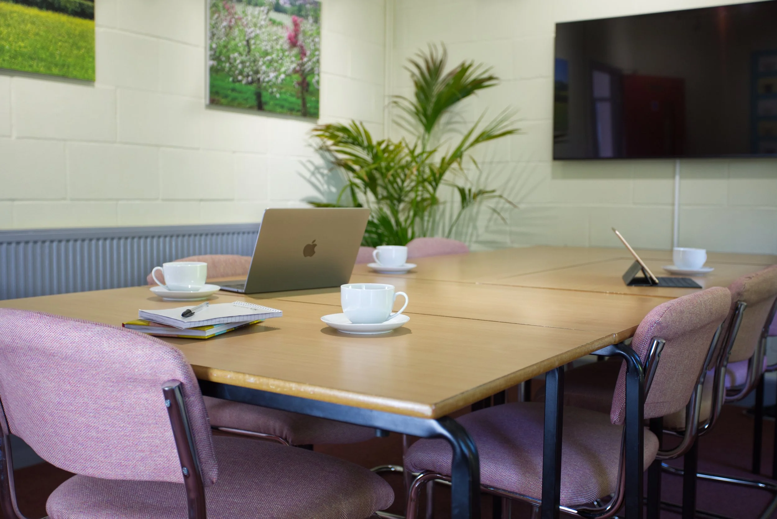Meeting room with a wooden table set with cups, notebooks, pens, and a laptop, surrounded by pink upholstered chairs, with a large plant and framed artwork on the wall.