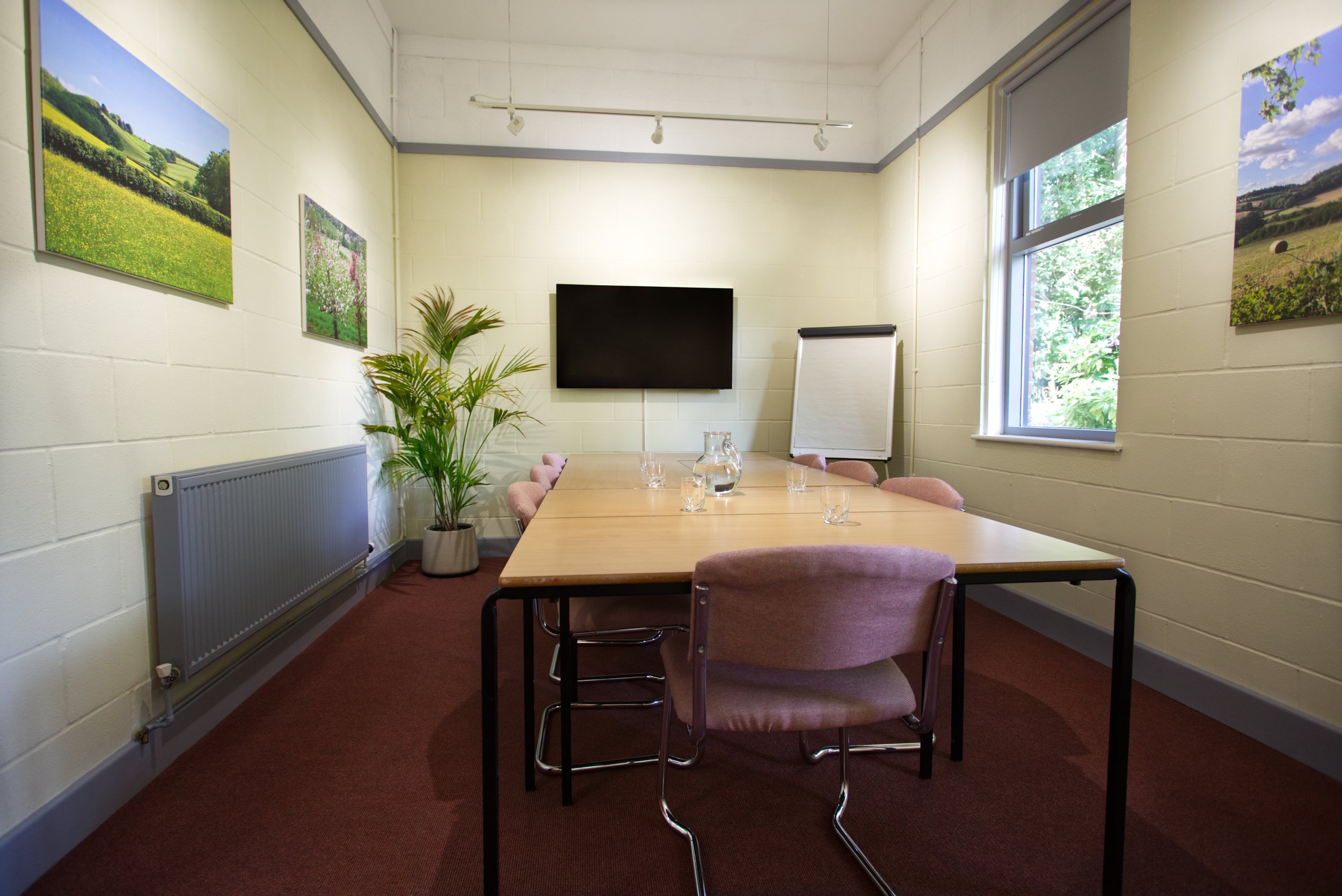 A small conference room with a wooden table, pink chairs, a wall-mounted TV, a flip chart stand, a potted plant, and large windows showing greenery outside.