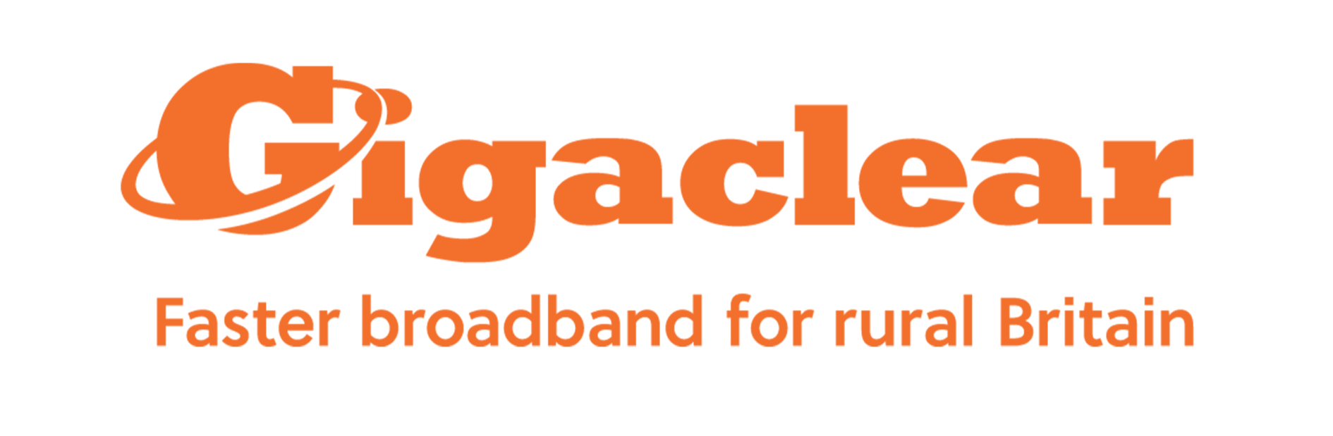 Logo for Gigaclear with an orange globe and the tagline 'Faster broadband for rural Britain'