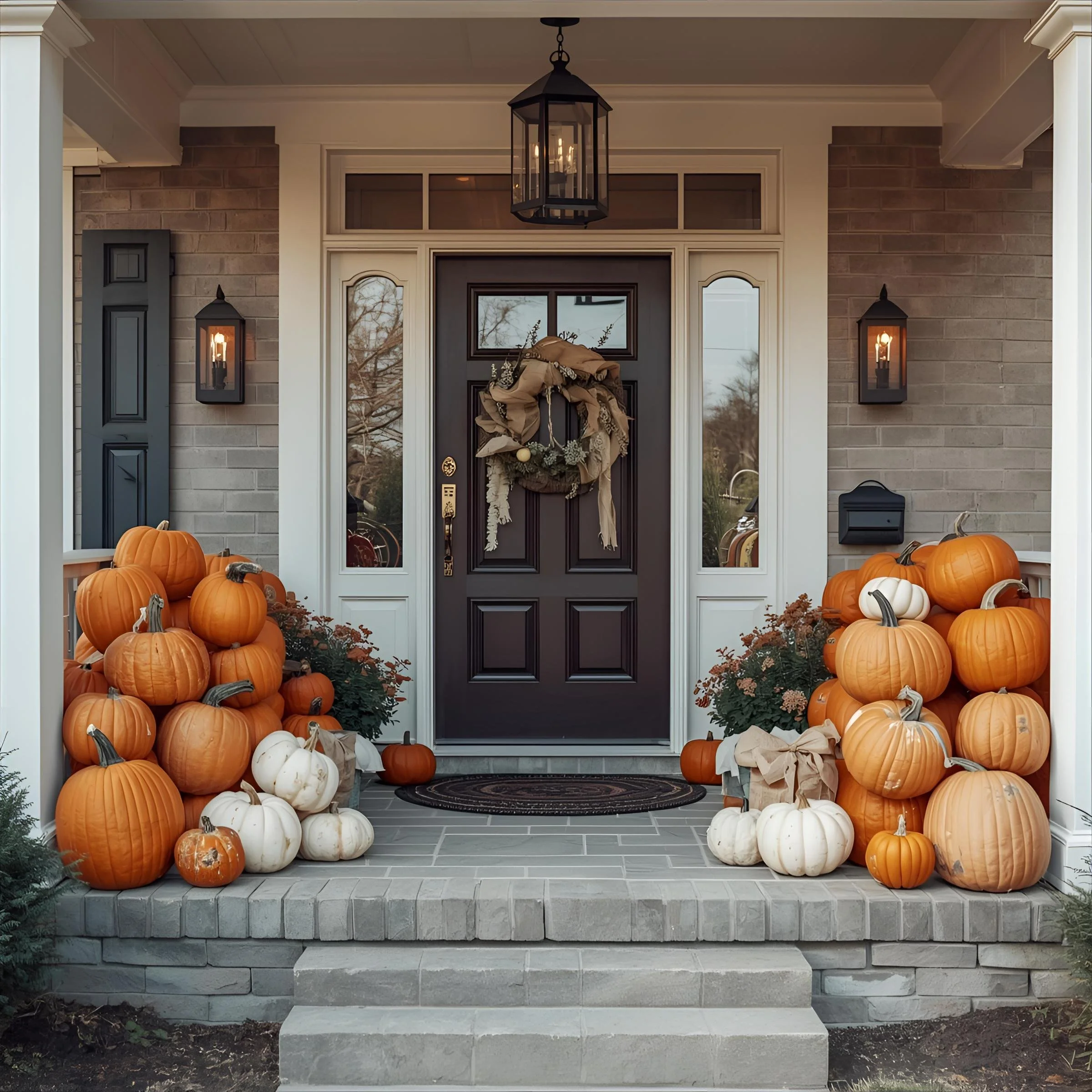 an elegant front porch with decorative pumpkins stacked in piles on either side of the front door.jpg