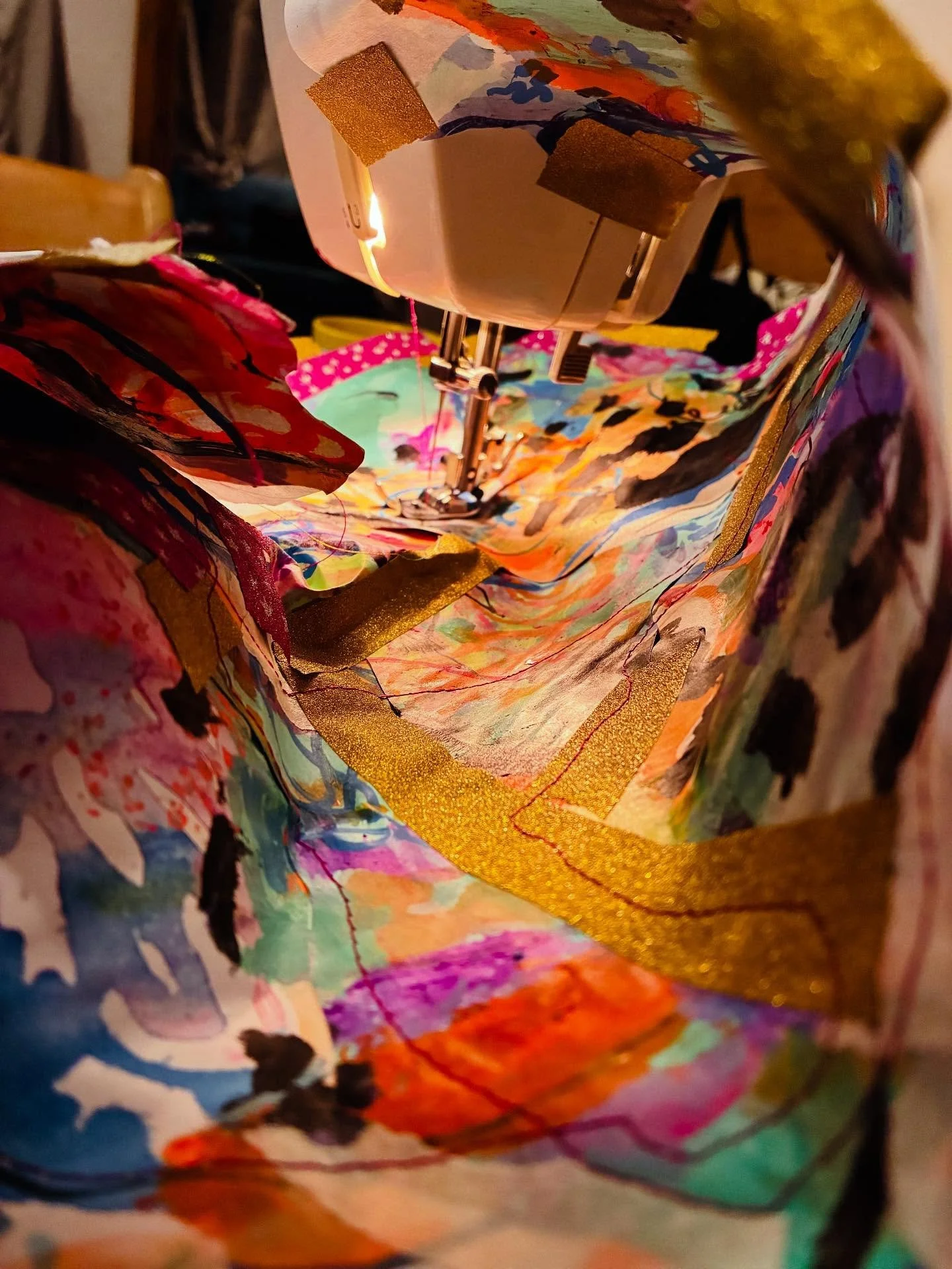 Experimental drawing using a sewing machine on a painting on paper. 
💕