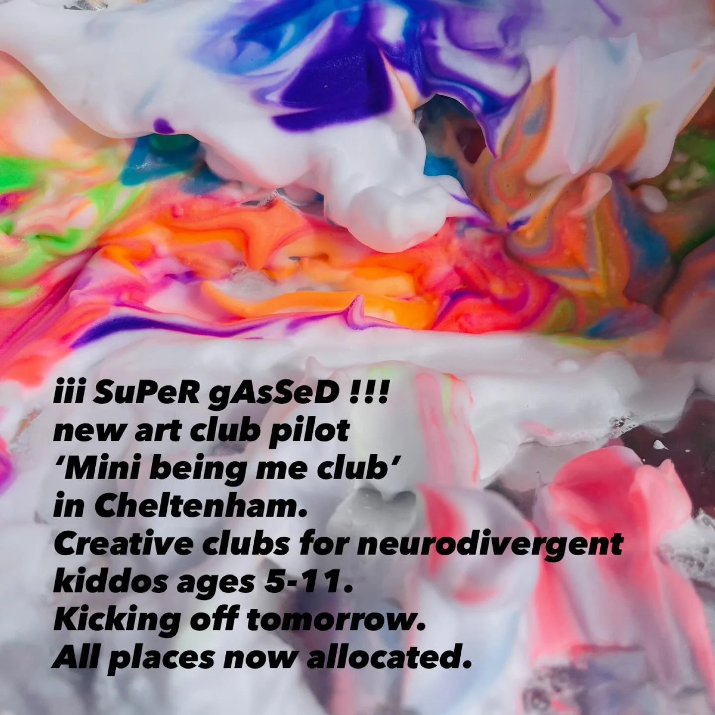 Mates 🥰 I&rsquo;m delighted to be assisting with facilitation on this pilot project, 
Creative clubs for younger neurodivergent children. 
In Cheltenham. 
Run by the one and only @cant_sit_still_arts and the dream team. 

Waheeeeyyyyy 🥹💗🎨
Hold on